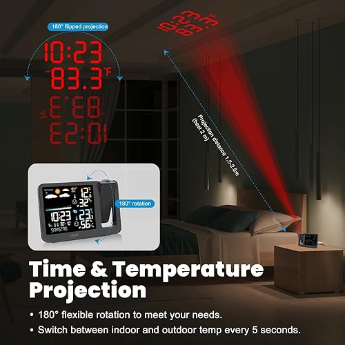 Miniatura 3 de uzoli WWVB - Reloj despertador de proyección, estación meteorológica, proyector atómico con sensor, retroiluminación ajustable, humedad de