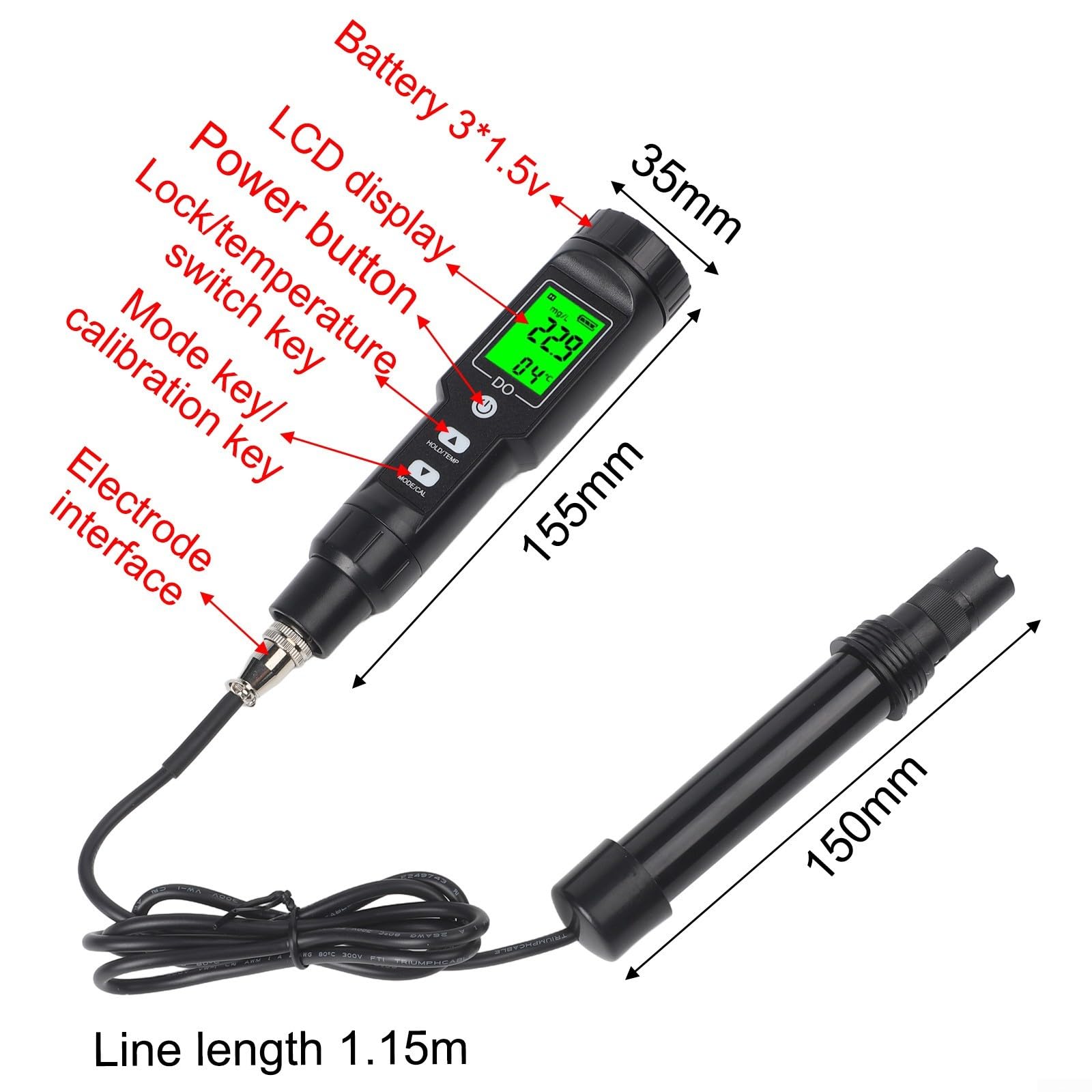 Misuratore di ossigeno disciolto Misuratore di ossigeno compatto Tester intelligente per ossigeno disciolto per test accurati dell'acqua ambienti acquatici per piscine acquari stagni d'acqua di mare