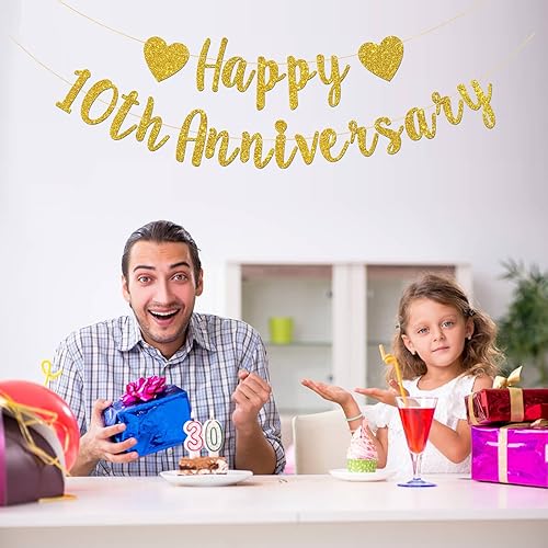 Miniatura 6 de Talorine Cartel de feliz décimo aniversario, aniversario de boda, 10º cumpleaños, decoración de fiesta de 10 años (purpurina dorada)
