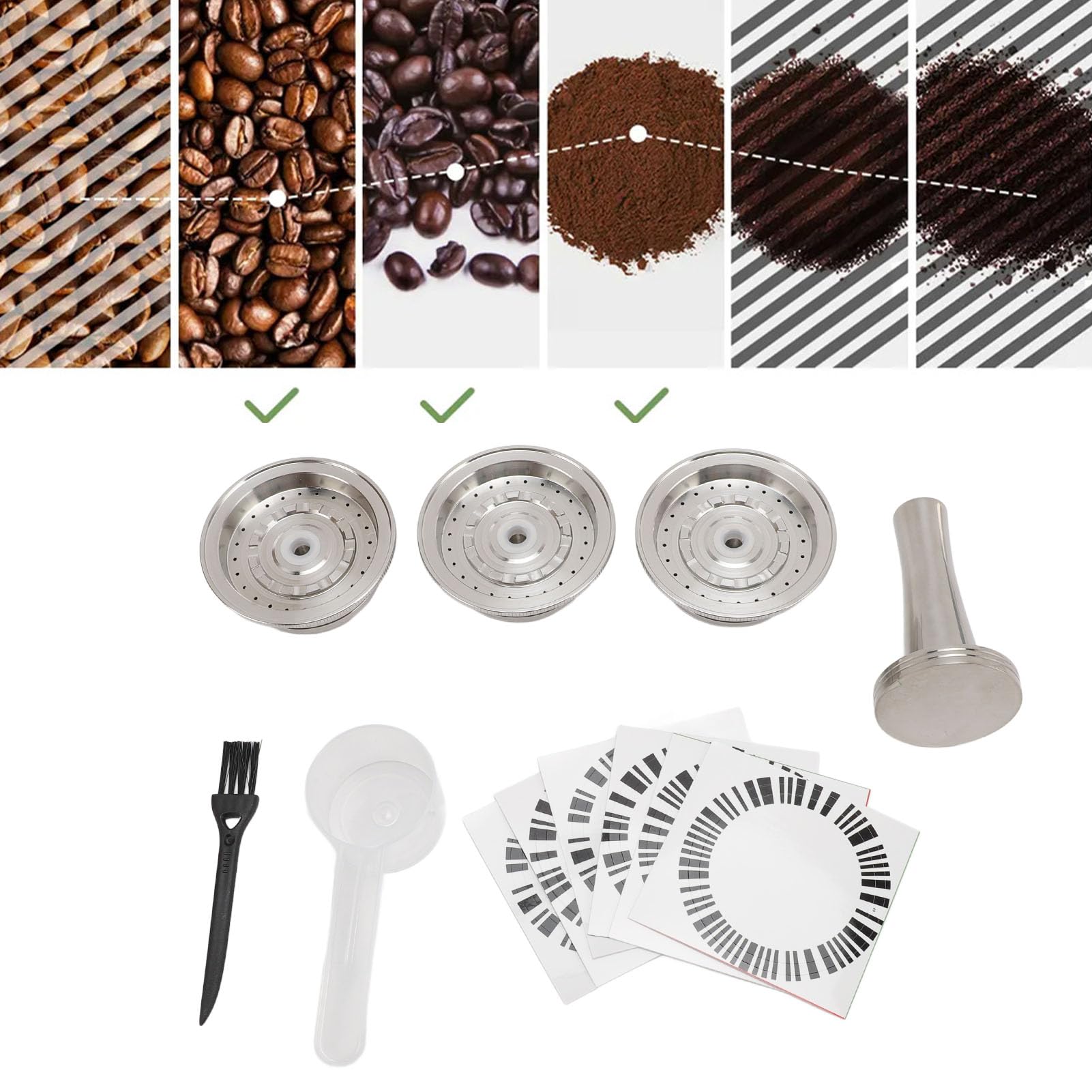 3pcs Cápsulas de café reutilizables de acero inoxidable Cápsulas de café recargables 230 ml con cepillo de cuchara de café 6 pegatinas