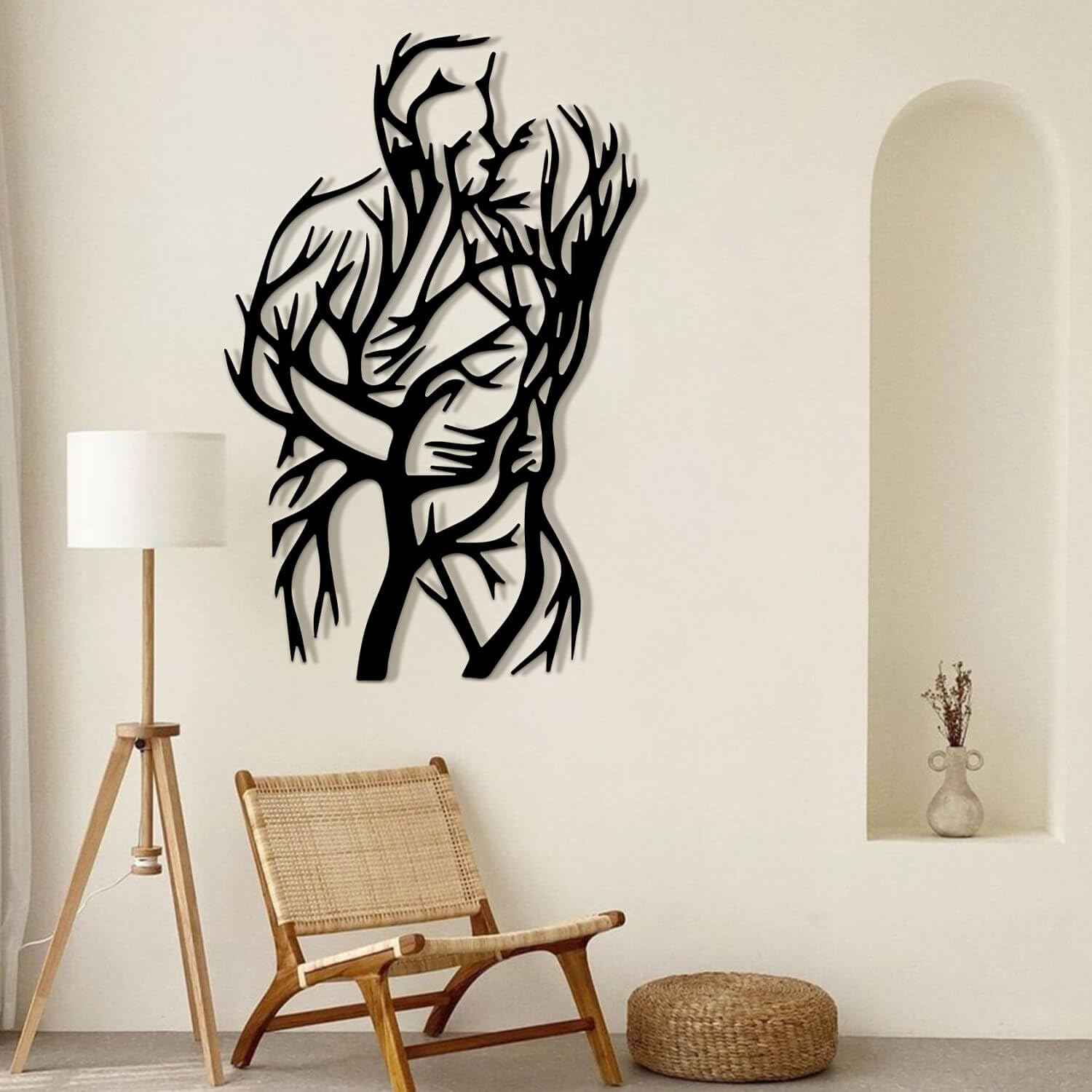 Decorazione murale in Metallo Nero con Albero per Coppia, Linea Astratta in Metallo, Regalo di San Valentino, Arte da Parete, Decorazione Artistica con Albero per Coppia, Scultura Moderna per soggior
