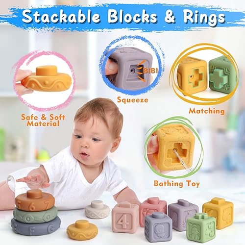 Miniatura 4 de Juego de juguetes Montessori 5 en 1 para bebés a partir de 6 meses, juguetes de aprendizaje de habilidades motoras finas para agarre del bebé y