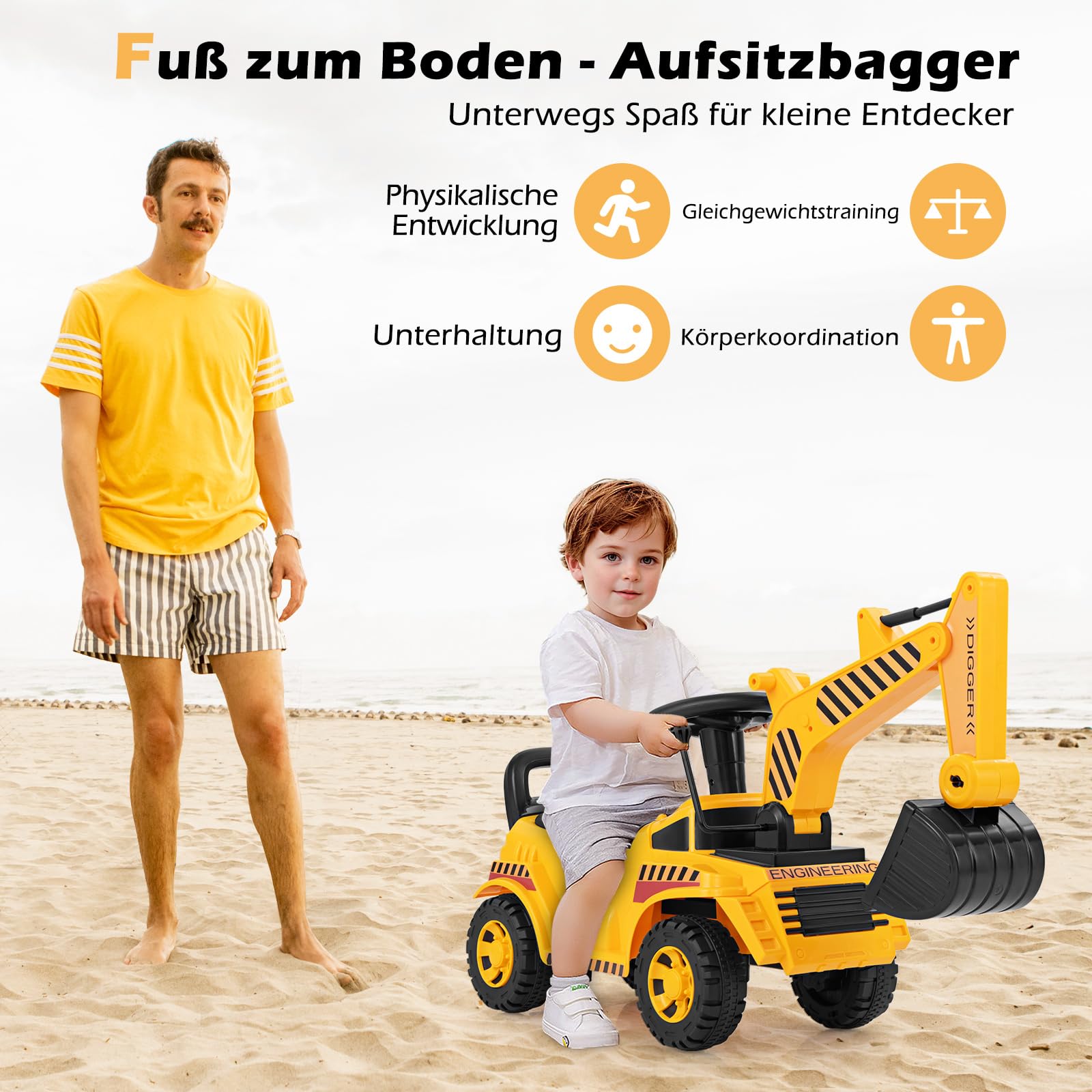 COSTWAY Sitzbagger, Kinderbagger mit Verstellbarer Schaufel & Stauraum unter Sitz, Aufsitzbagger mit Motorsound & Kippschutz, Bagger zum Aufsitzen für Kinder ab 1 Jahr