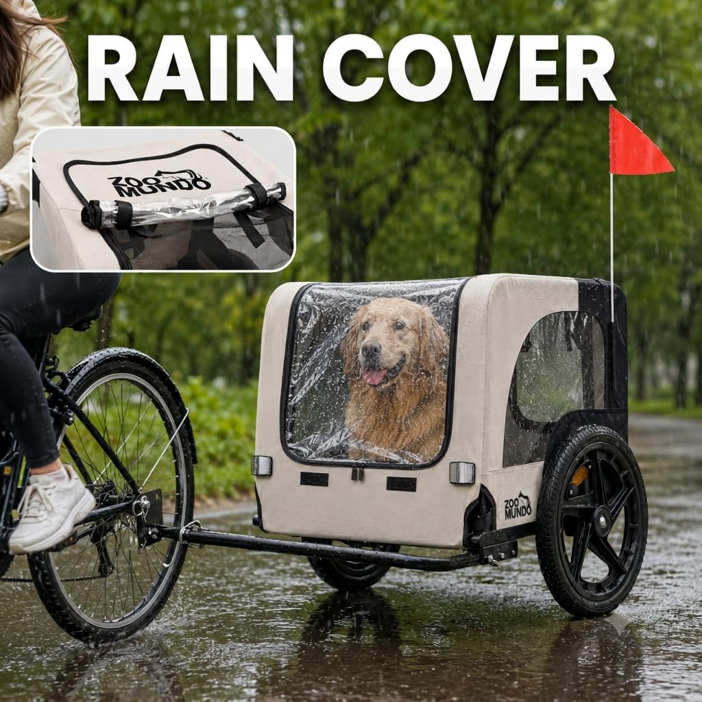 zoomundo Przyczepka rowerowa dla psa Jacky – w kolorze beżowo-czarnym | Stabilna przyczepa dla psa z oponami pneumatycznymi 15", udźwig 40 kg, ochrona przed deszczem, moskitierą i składaną ramą.