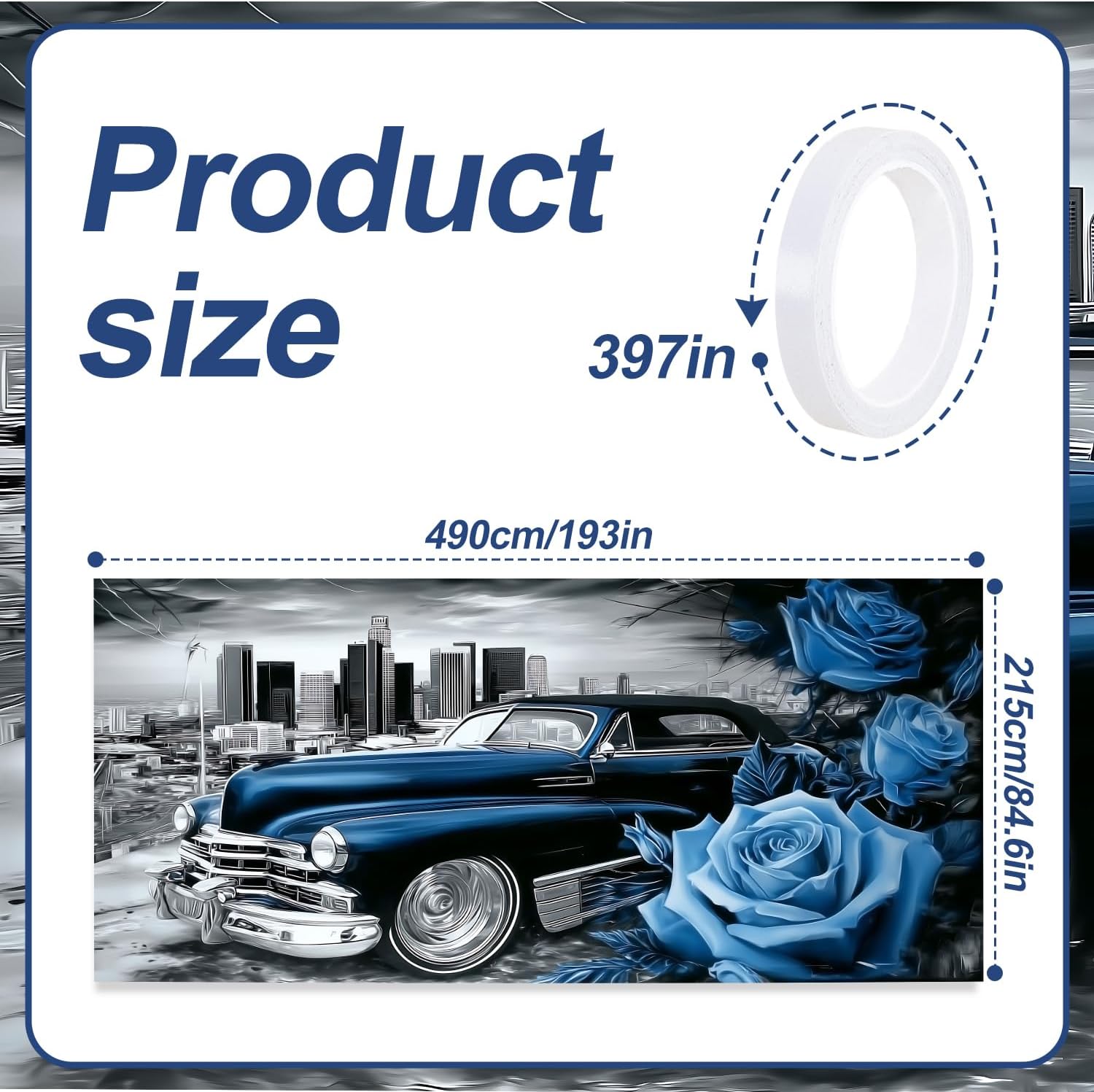 Lowrider Car Garage Door Banner Cover 7x16FT Waterproof – Vintage Blue Convertible & Blue Roses Backdrop with City Skyline,Outdoor Decor for Chicano Party,Car Show,Lowrider Birthday,Photo Booth