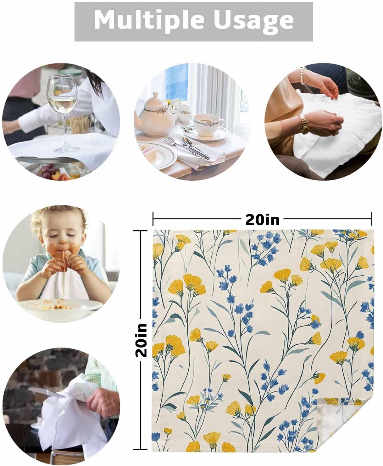 Cloth Napkin 8PCS Yellow Blue Flower Spring Absorbent Cotton Napkins Reusable Soft Blue Yellow Rustic Flowers Linen Napkins for Family Dinners Dining Cocktail Parties Wedding and Everyday Use