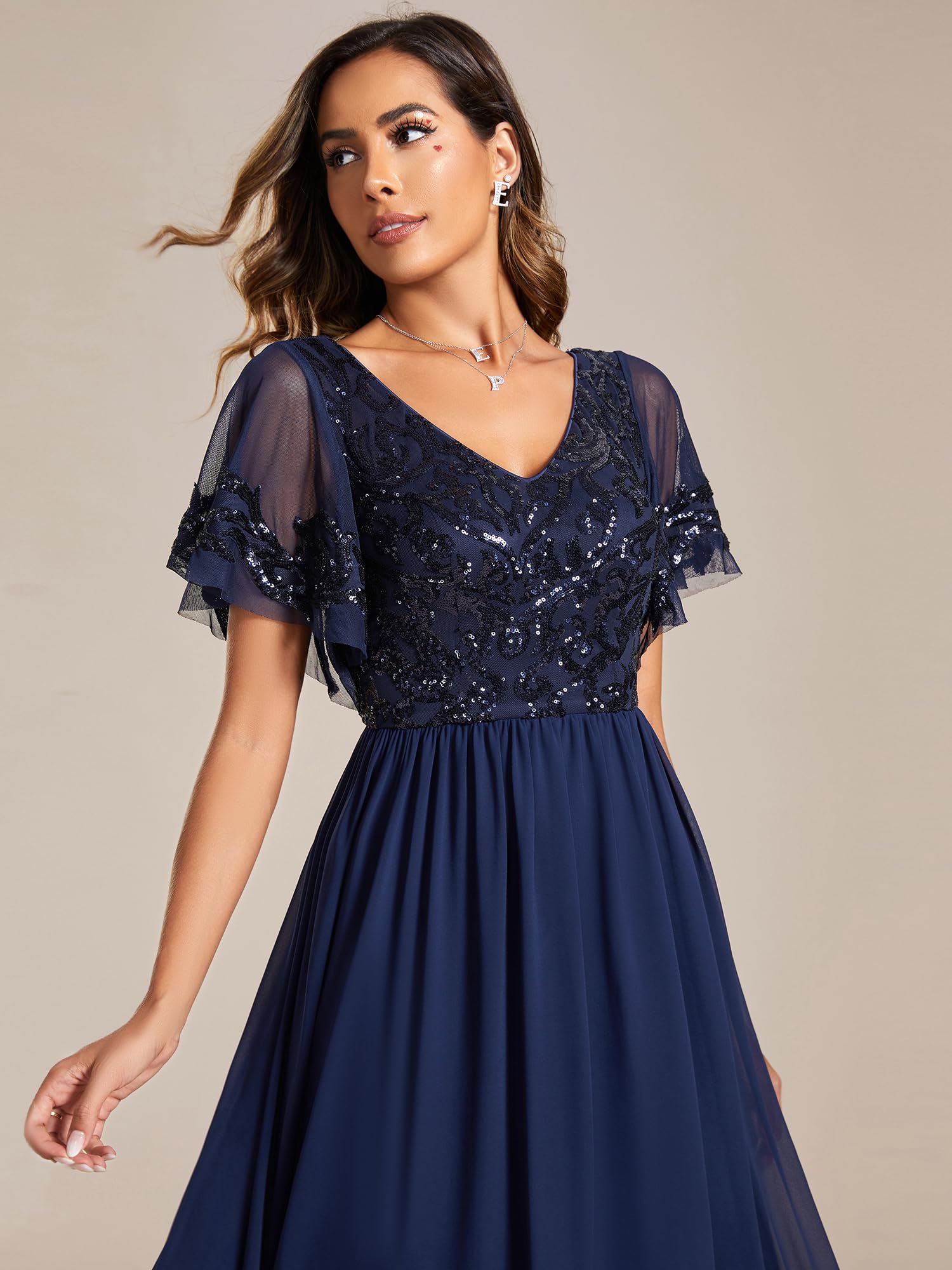 Ever-Pretty Vestito da Sera Mamma Lungo Chiffon Linea ad A Scollo a V Maniche Corte Chic Abito da Cerimonia EM01583