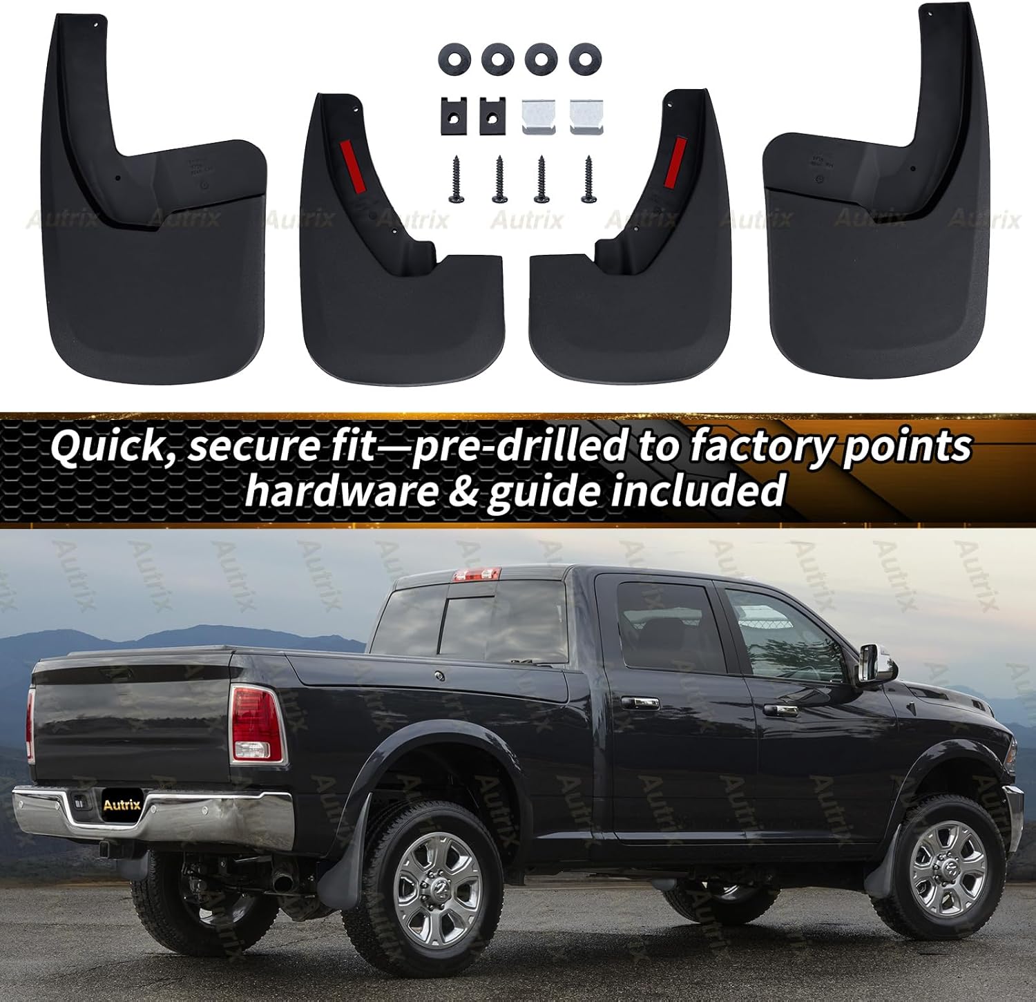 Mud Flaps Guards for 2009-2018 Dodge Ram 1500/2500/3500 Single Rear Wheels 2019-2024 Ram 1500 Classic,Splash Guards with OEM Fender Flares Front & Rear 4pcs Set Black