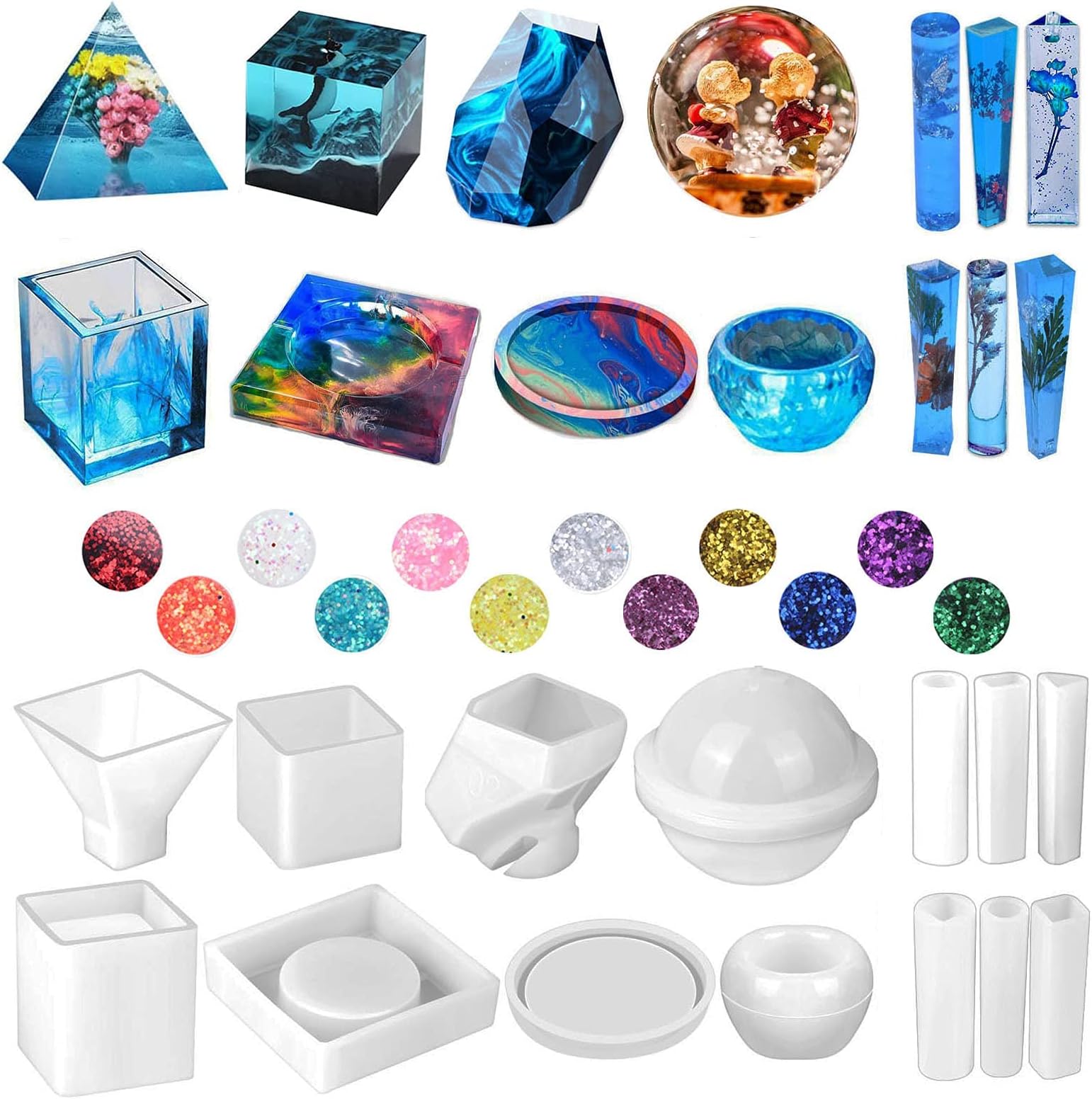 Silicone Resin Molds Kit 26PCS, Epoxy Molds, Large Casting with 12 Glitter Sequins for UV Casting, Including Sphere, Cube, Pyramid, Square, Coaster, Stone & Pendants