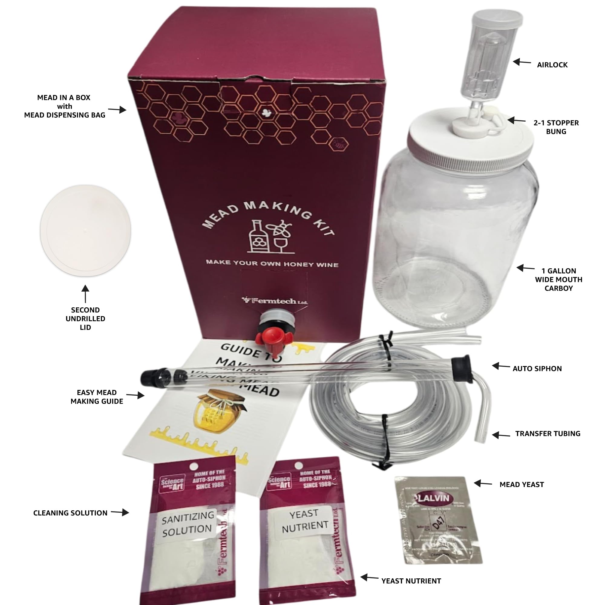 Kit de fabrication d'hydromel standard de 15 pièces – Kit réutilisable pour faire votre propre hydromel – Rendement de 3,8 l d'hydromel | Compatibilité bière, vin, fruits, vin, kombucha
