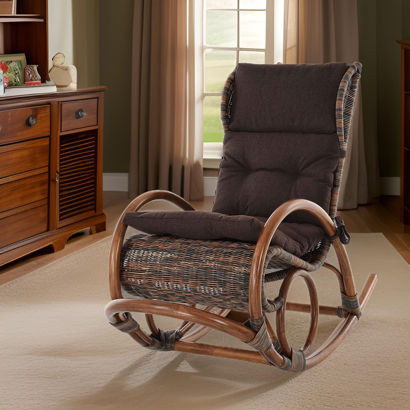 korb.outlet Schaukelstuhl Luxor Natur Rattan Schaukler Relax-Stuhl mit Auflage Schwingsessel Schaukelsessel (Schwarz-Braun)