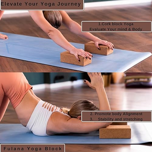 Miniatura 2 de FULANA Bloques de yoga, paquete de 2 bloques de yoga de corcho natural, bloque de yoga de alta densidad con superficie antideslizante, accesorios de
