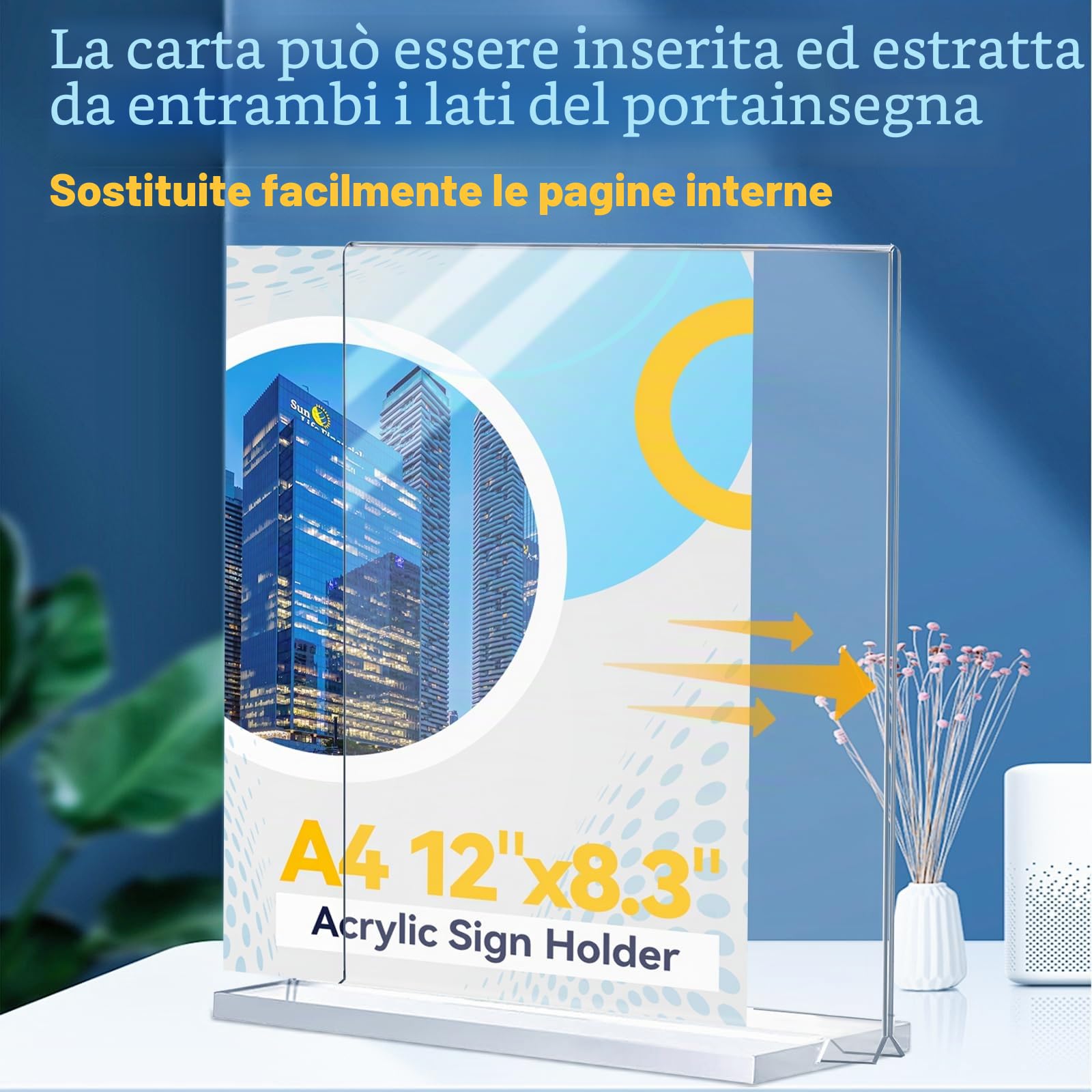 4 pezzi di espositore plexiglass A4, portamenu da tavolo in acrilico, supporto verticale trasparente bifacciale per porta foto da tavolo per ristoranti, hotel, negozi e uffici
