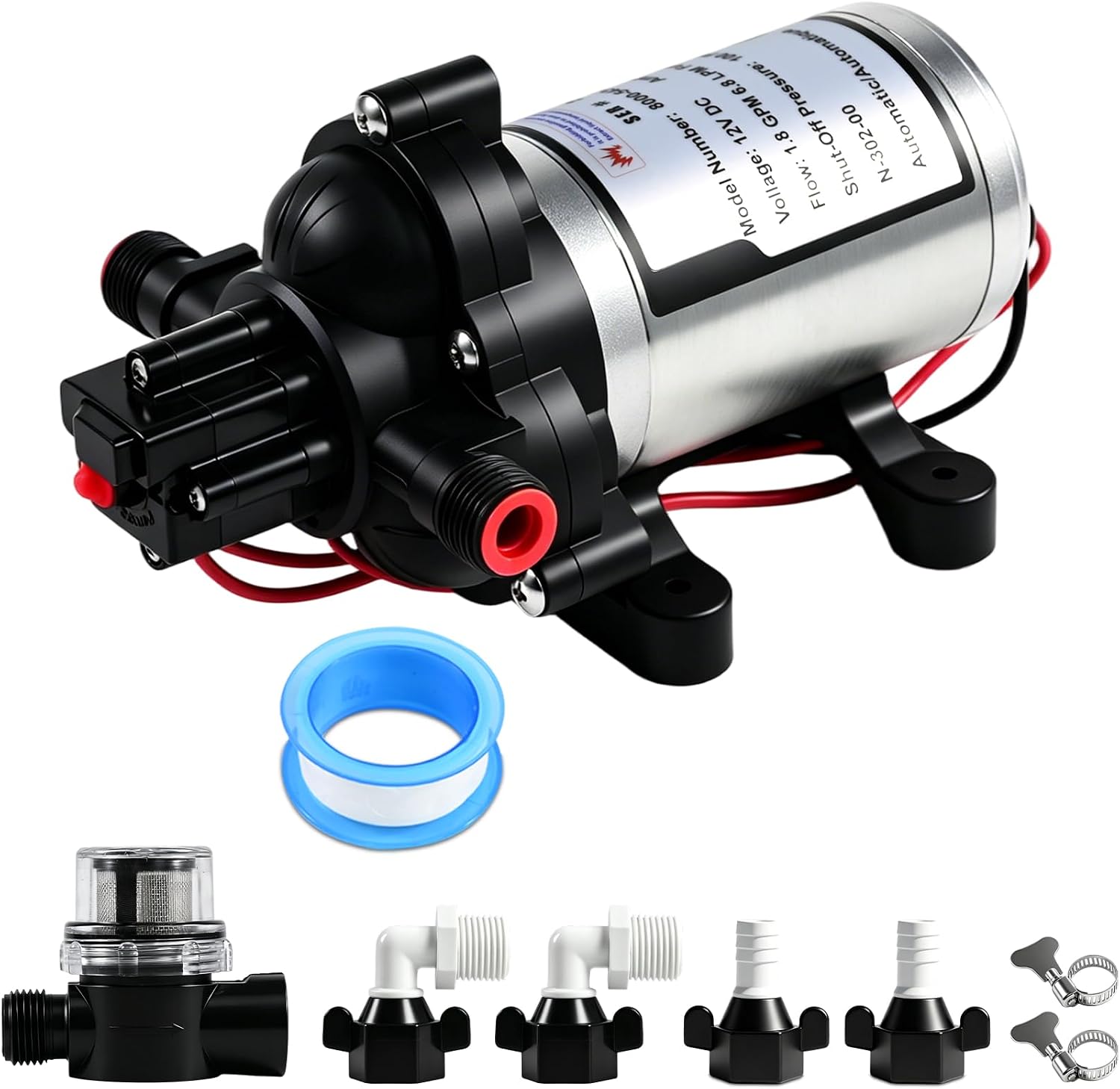 8000-543-238 12V DC Self-Priming Diaphragm Pump,100PSI 1.8GPM High Pressure Water Pump,Auto Pressure Switch,Dry Run Protection,for RV,Marine, Agricultural Spraying & Fluid Transfer