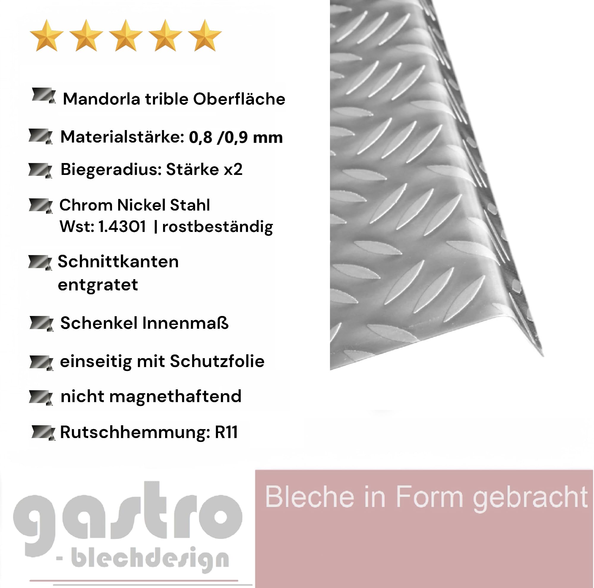 Treppenkantenprofil, 1500mm 90 Grad Winkelprofil 50x20 mm Schenkelinnenmaß aus Edelstahl Riffelblech Mandorla Trible 1mm Stufenkantenprofil, Treppenkantenschutz