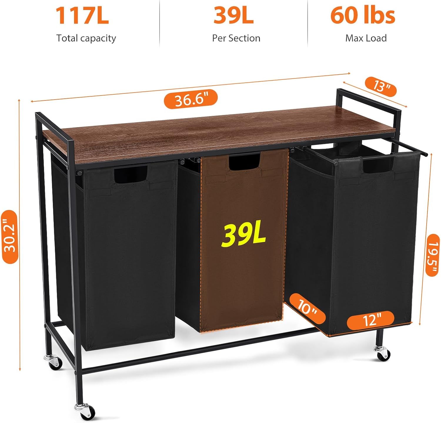 Laundry Sorter 3 Section, Rolling Laundry Hamper with Shelf, 3 Compartment Laundry Basket with Lid, Organizer Rustic Wooden Top