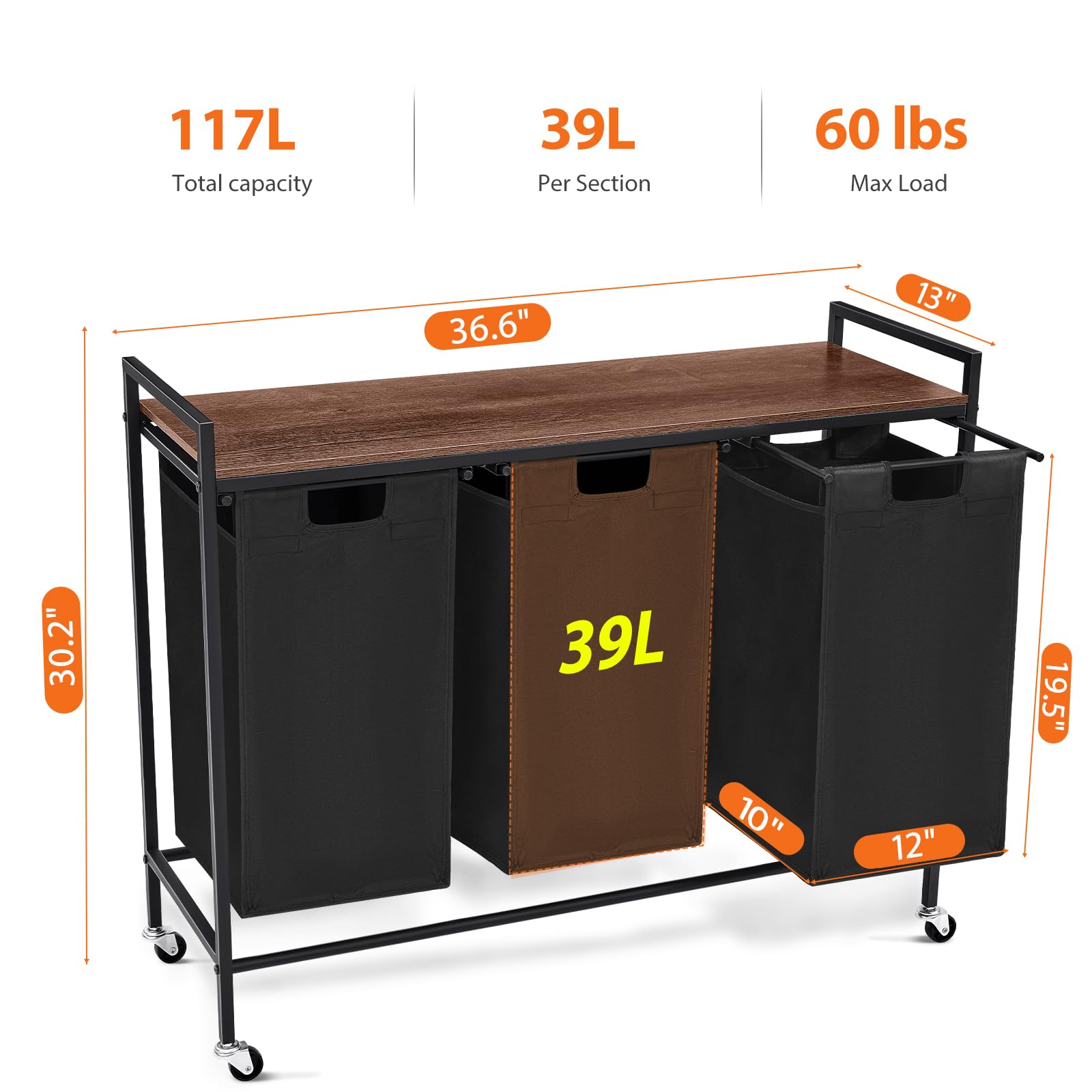 Laundry Sorter 3 Section, Rolling Laundry Hamper with Shelf, 3 Compartment Laundry Basket with Lid, Organizer Rustic Wooden Top