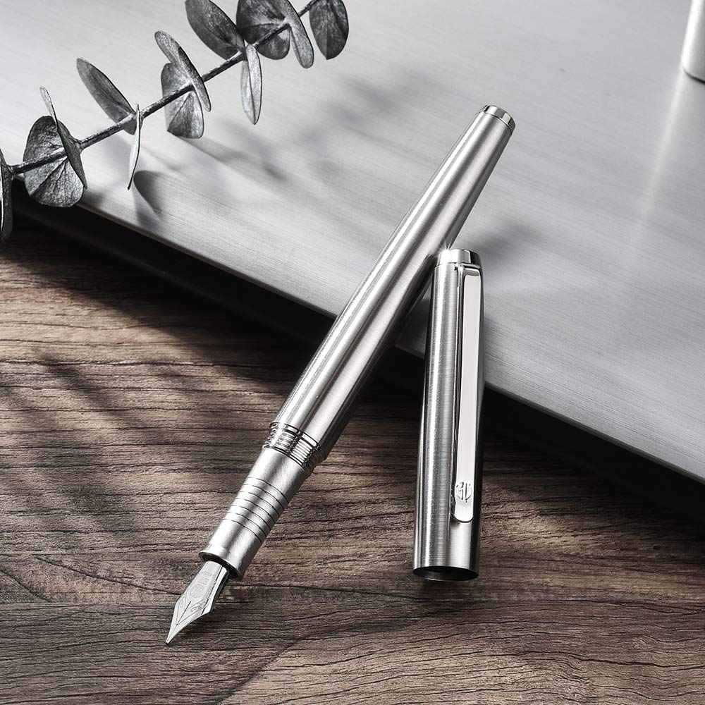 Penna Stilografica Hongdian C2 Extra Fine - Design Retr&ograve; In Acciaio Inox Con Convertitore, Argento