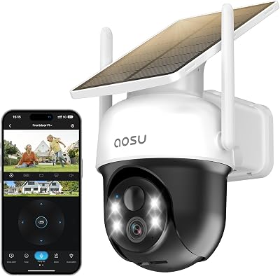 aosu 2K Überwachungskamera Aussen Solar Akku 3MP [360° PTZ Panorama, Integrierter Solarpanel] PIR-Bewegungserkennung Automatische Verfolgung Farb-Nachtsicht Ton- & Lichtalarm 2-Wege-Audio