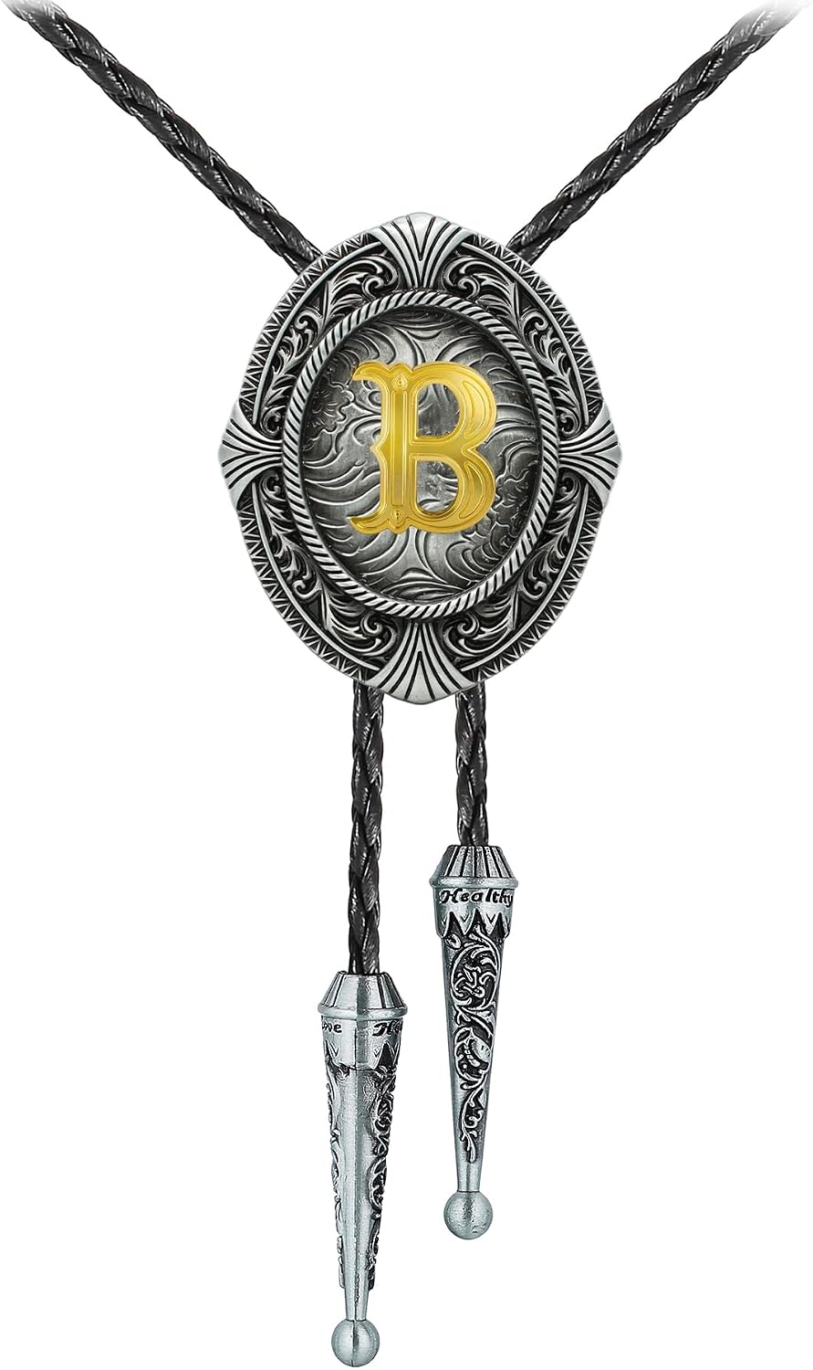 HUABOLA CALYN Vintage Bolo tie for Men Western Cowboy Native American Initial Letter ABCDJMR to Z Costume Bolo ties for Women