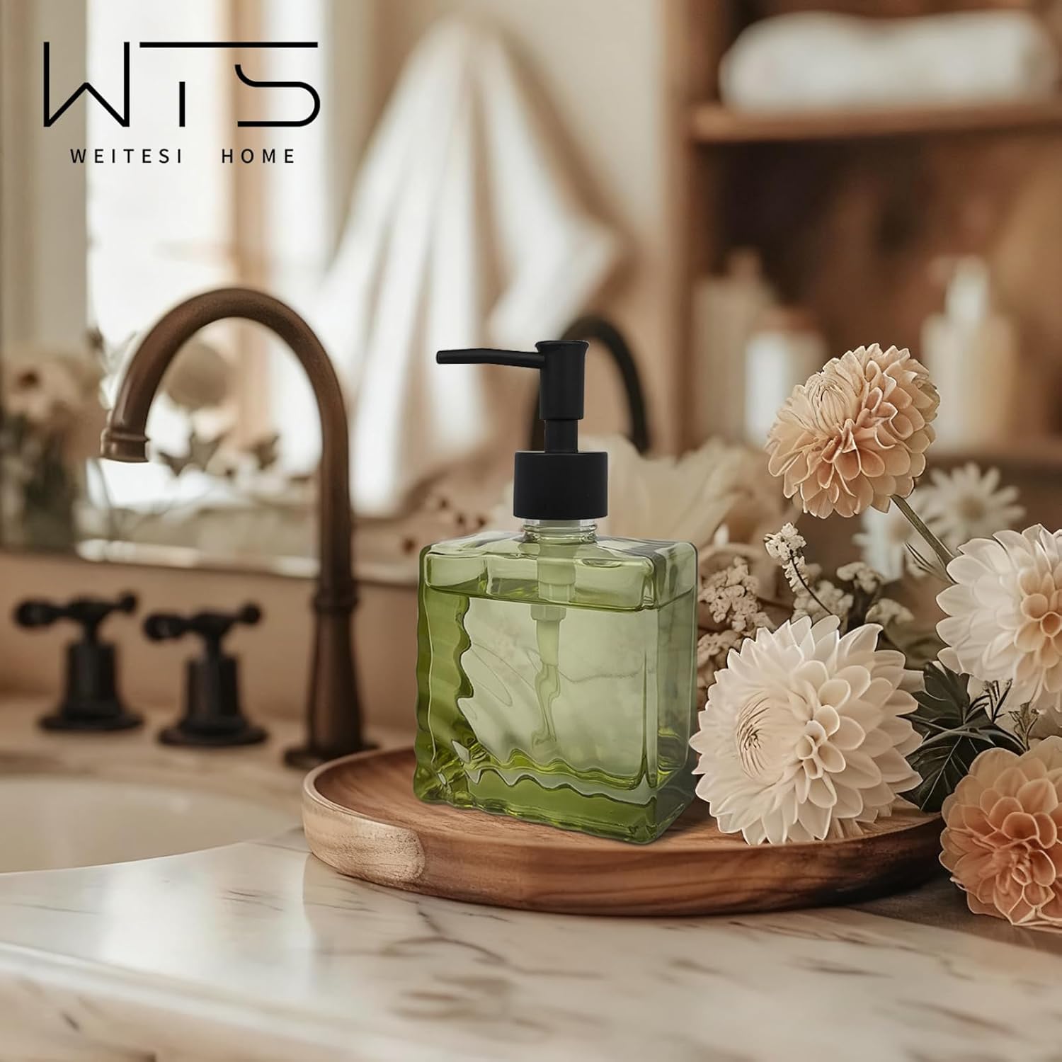 Green Square Glass Soap Dispenser with Black Rust Proof Pump, Refillable Liquid Hand soap Dispenser Bathroom, Kitchen Dish Soap Bottle Countertop - Image 6