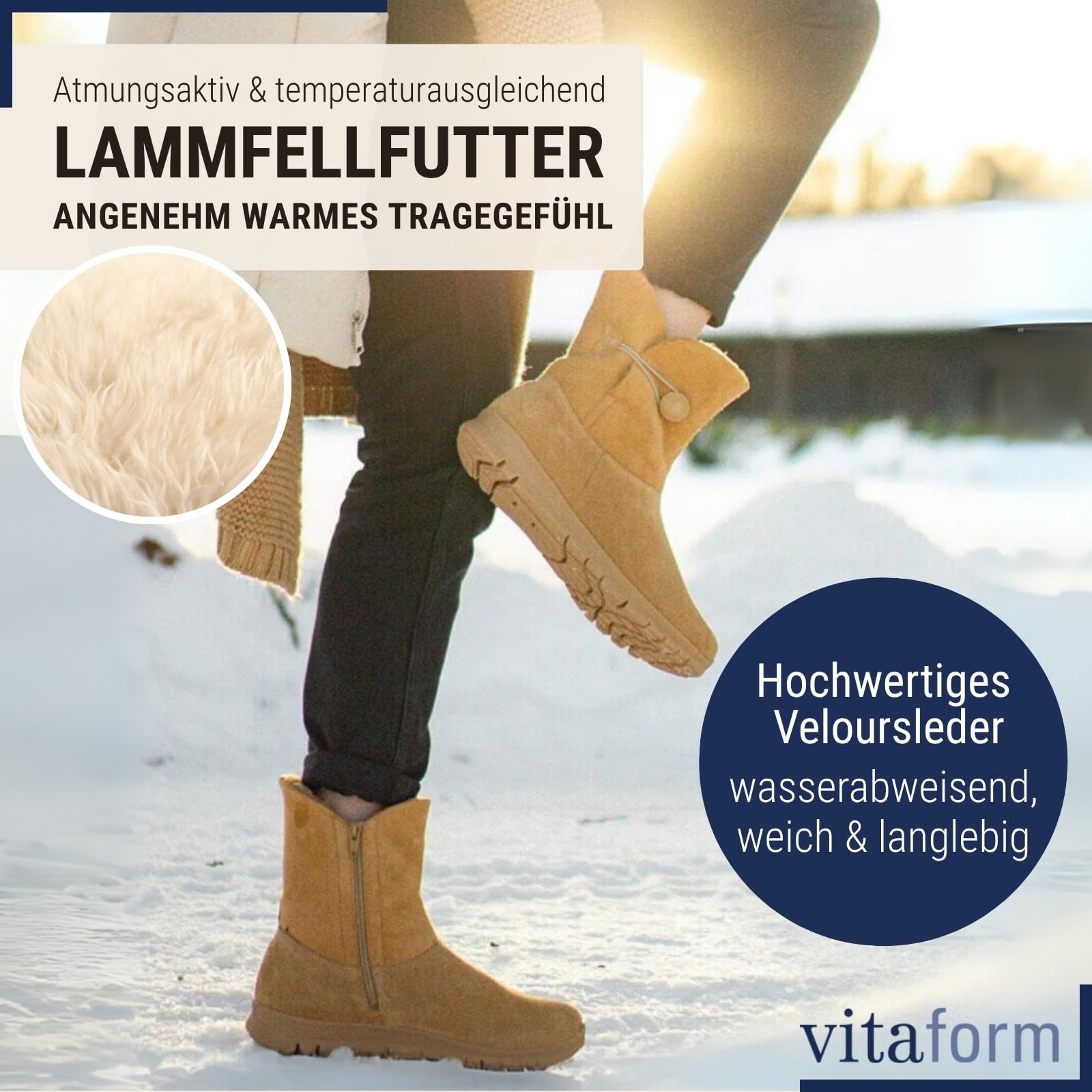 VITAFORM Lammfellstiefel Veloursleder | Flauschige und wärmende Boots für Damen I Bequem auch für breite Füße I Winterboots in tollen Farben