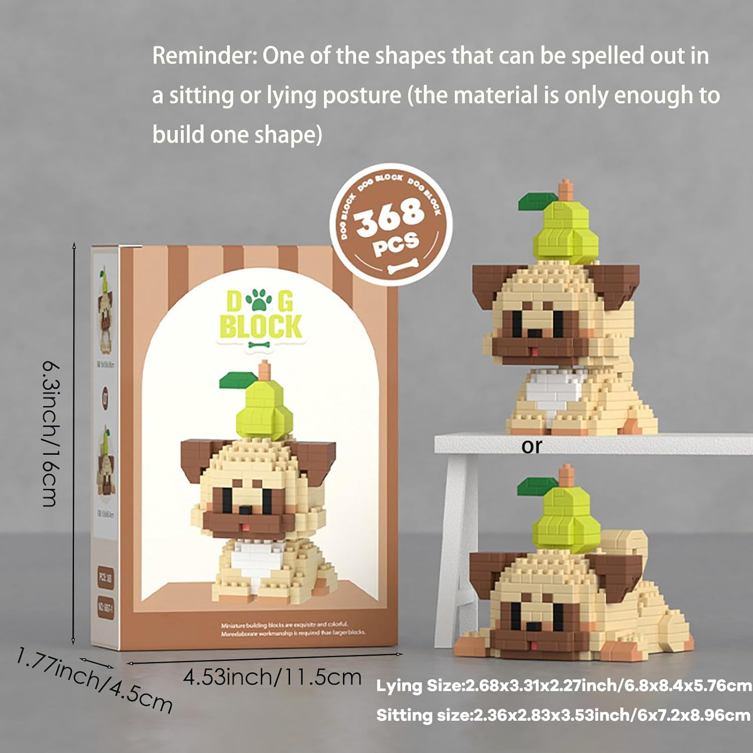 Dog Micro Mini Building Blocks Animal Dog Building Blocks for Adults Beginners Party Favors Gift 368 Pcs (Pug)