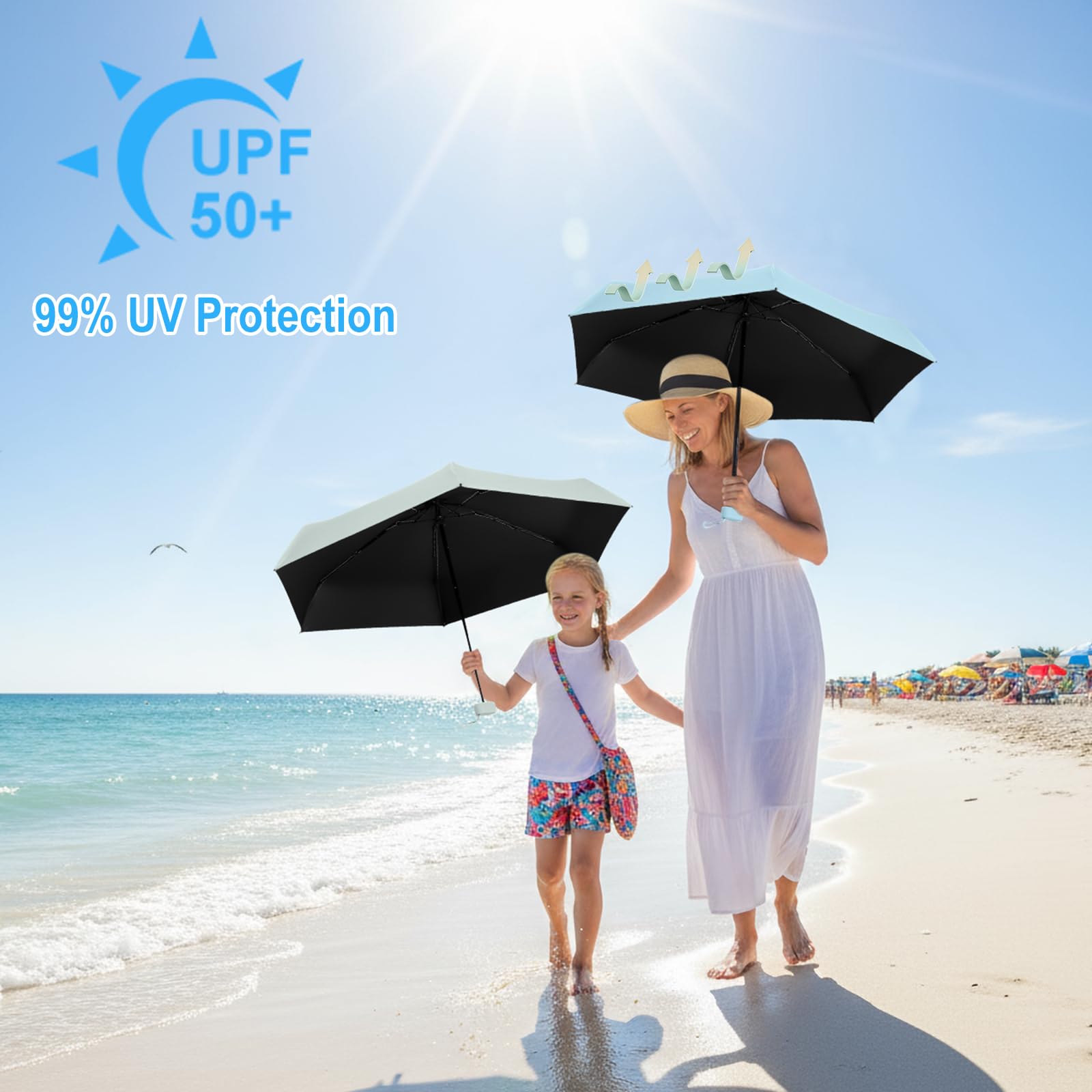 HCQC Ombrello Ultra Leggero Pieghevole - Mini da Viaggio con Protezione UPF 50+ - Impermeabile e Compatto, Ombrello Tascabile per Uomo e Donna - 5