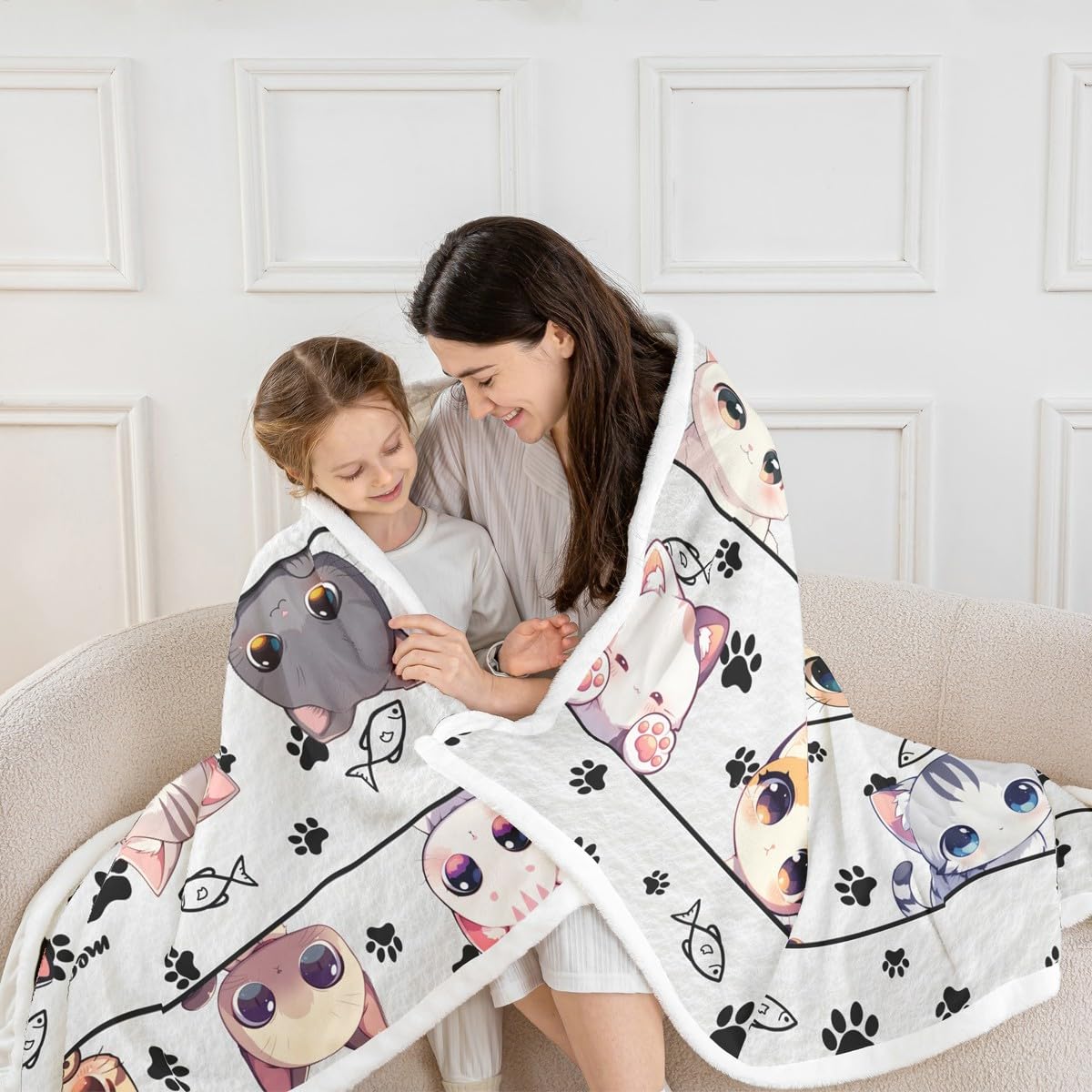 Castle Fairy Kawaii Cute Cat Fleece Blanket,Cat Kitten Kitty Pet White Bed Blanket for Kids Teens,Cartoon Animals Flannel Blankets for Room Decor,Queen 90