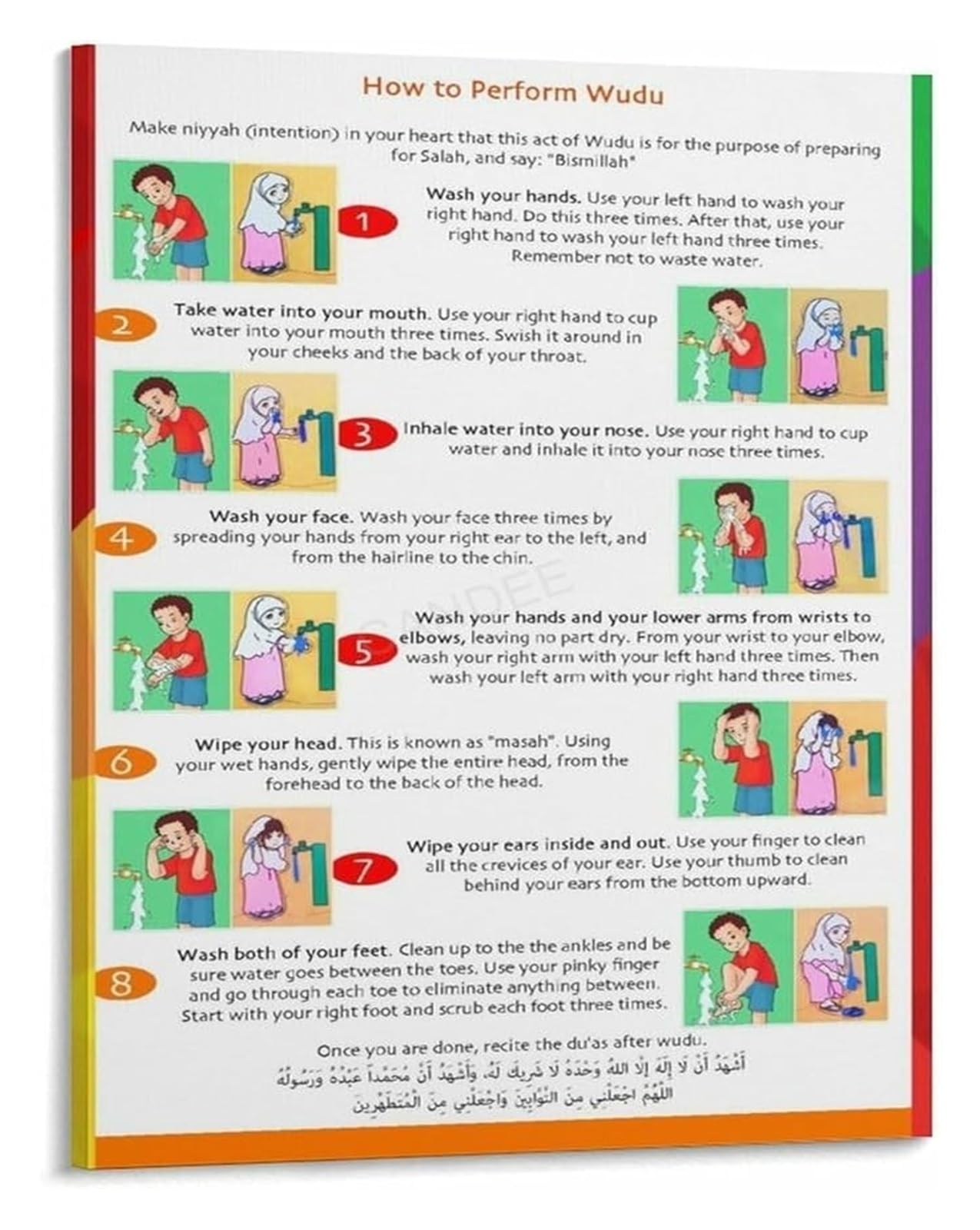LLBOGRGGN How to Perform Wudu Decorative Poster Islamic Ablution Steps Guide Canvas Art for Home Study(Framed,12x18inch(30x45cm))