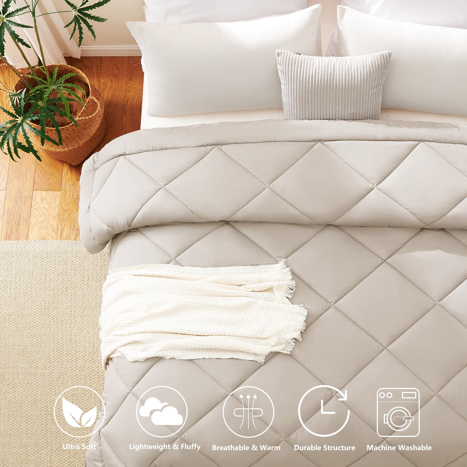 WAVVE Edredón Relleno Nórdico 220x240 cm para Cama 135/150, Edredón de Fibra 300gr/m², Ligero, Suave, Transpirable para Otoño e Invierno (240x220 cm, Beige)
