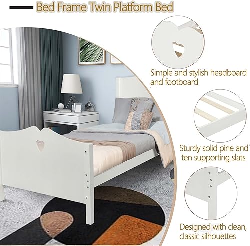 Miniatura 4 de Base de cama de plataforma de madera con soportes de listones de madera, marco de cama individual con cabecera y estribo, no necesita somier, bonito