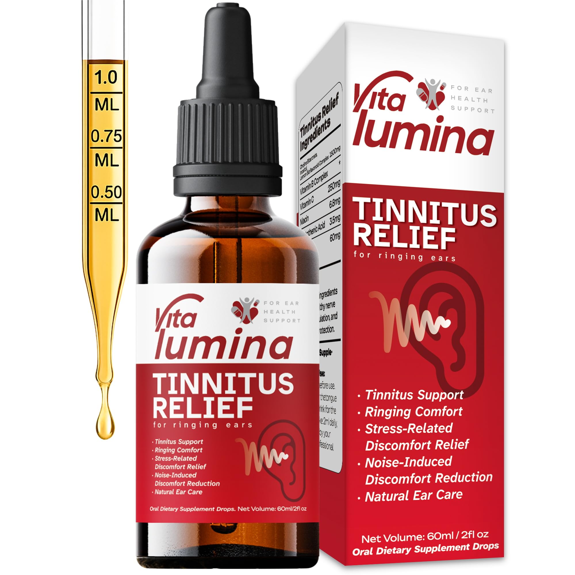 Vitalumina Tinnitus Relief Drops to Drink, Ear Ringing Relief Tinnitus, Natural Liquid Formula for Tinnitus Relief for Ringing Ears, Supports Auditory Health – 60ml