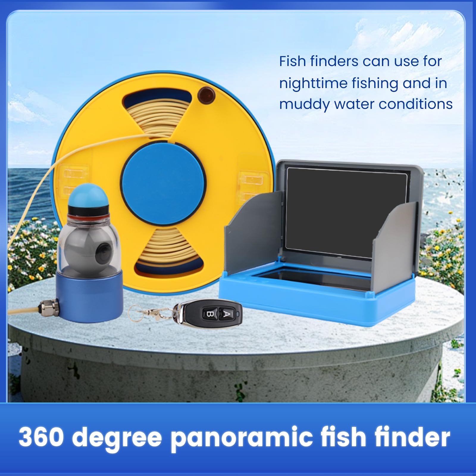 Cámara de pesca subacuática de 360° con monitor portátil de 5 pulgadas, rendimiento nocturno, cable Fishfinder 1000 TVL 30M
