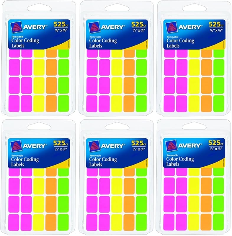 Avery Colored Labels, 525 per Pack, Rectangular, Assorted Colors, 6 PACK = Total 3150 Labels