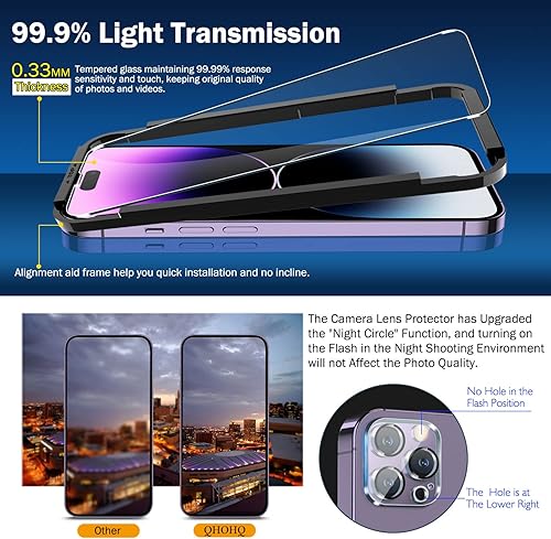 Miniatura 2 de QHOHQ Paquete de 3 protectores de pantalla para iPhone 14 Pro Max de 6.7 pulgadas con 3 protectores de lente de cámara de vidrio templado, ultra HD,