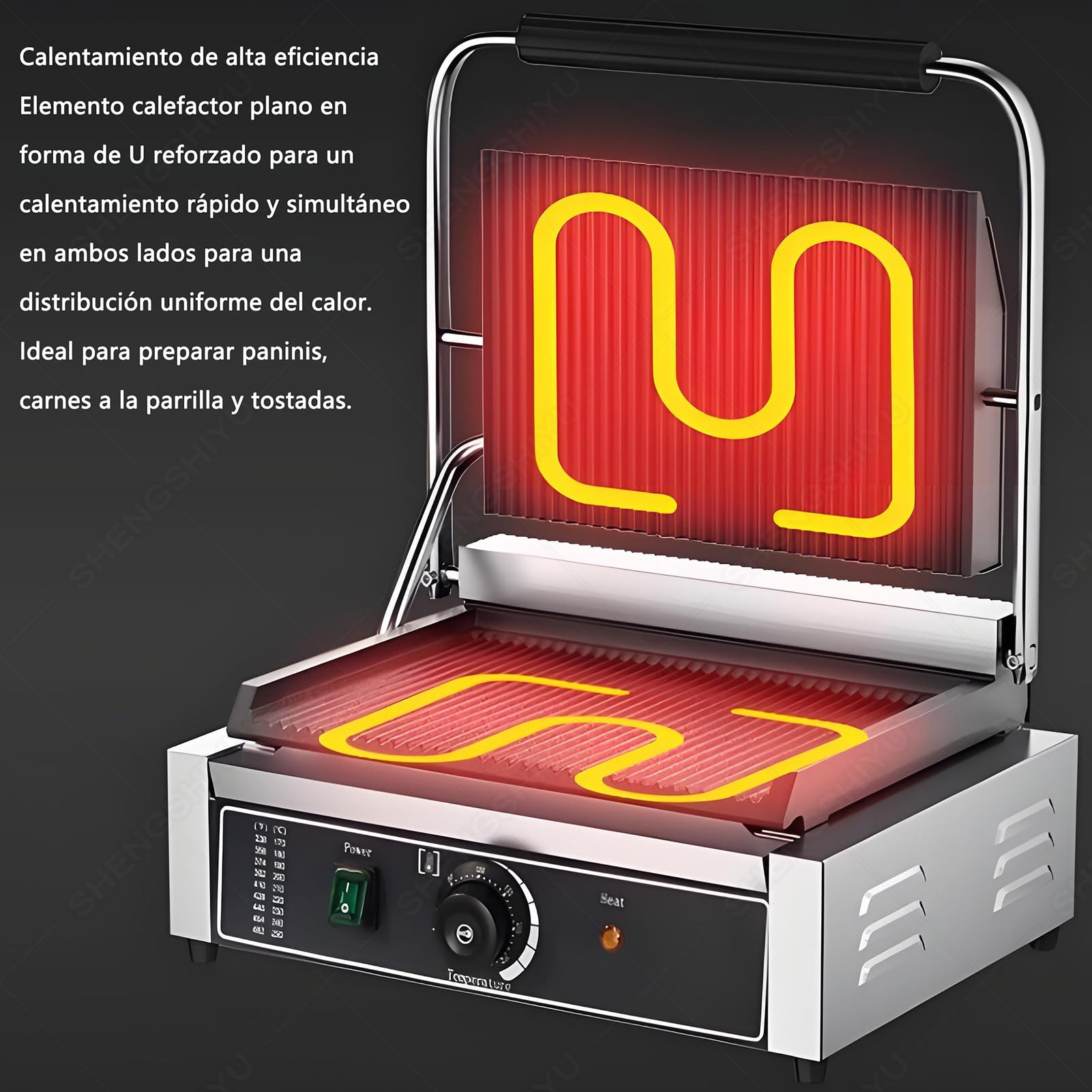 Profesjonalny Elektryczny Grill do Panini,Profesjonalny Opiekacz do Kanapek,Opiekacz do Burgerów,żebrowany Grill Kontaktowy,Regulacja Temperatury Pokrętłem (50~300°C) + Timer 1~5 Minut FY812