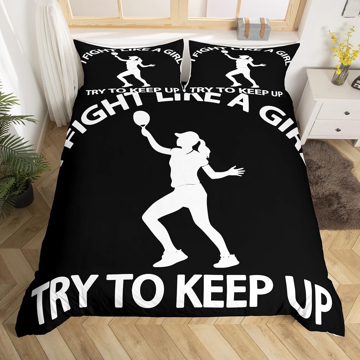 Pickleball Player Bedding Set Toddler Size 2 Pcs,Modern Sports Game Style Simple Duvet Cover for Kids Teens Adults,White Player Silhouette Print Decor Comforter Cover with 1 Pillowcase,No Comforter