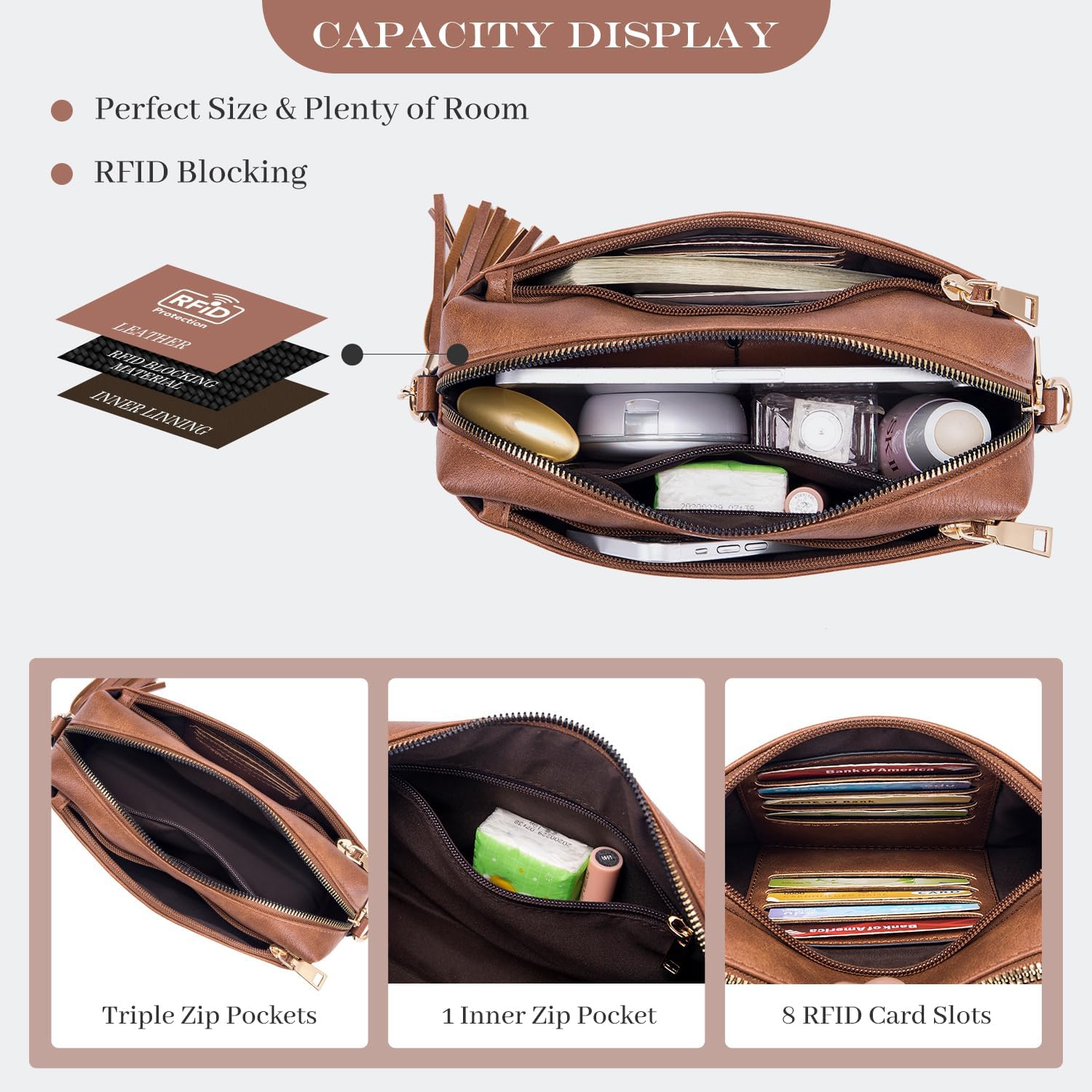 Roulens Triple Zip Small Crossbody Bag for women,Wide Strap Cell Phone Purse Shoulder Handbag Wallet with Credit Card Slots | Triple Zip, Small, Wide Strap - Image 3