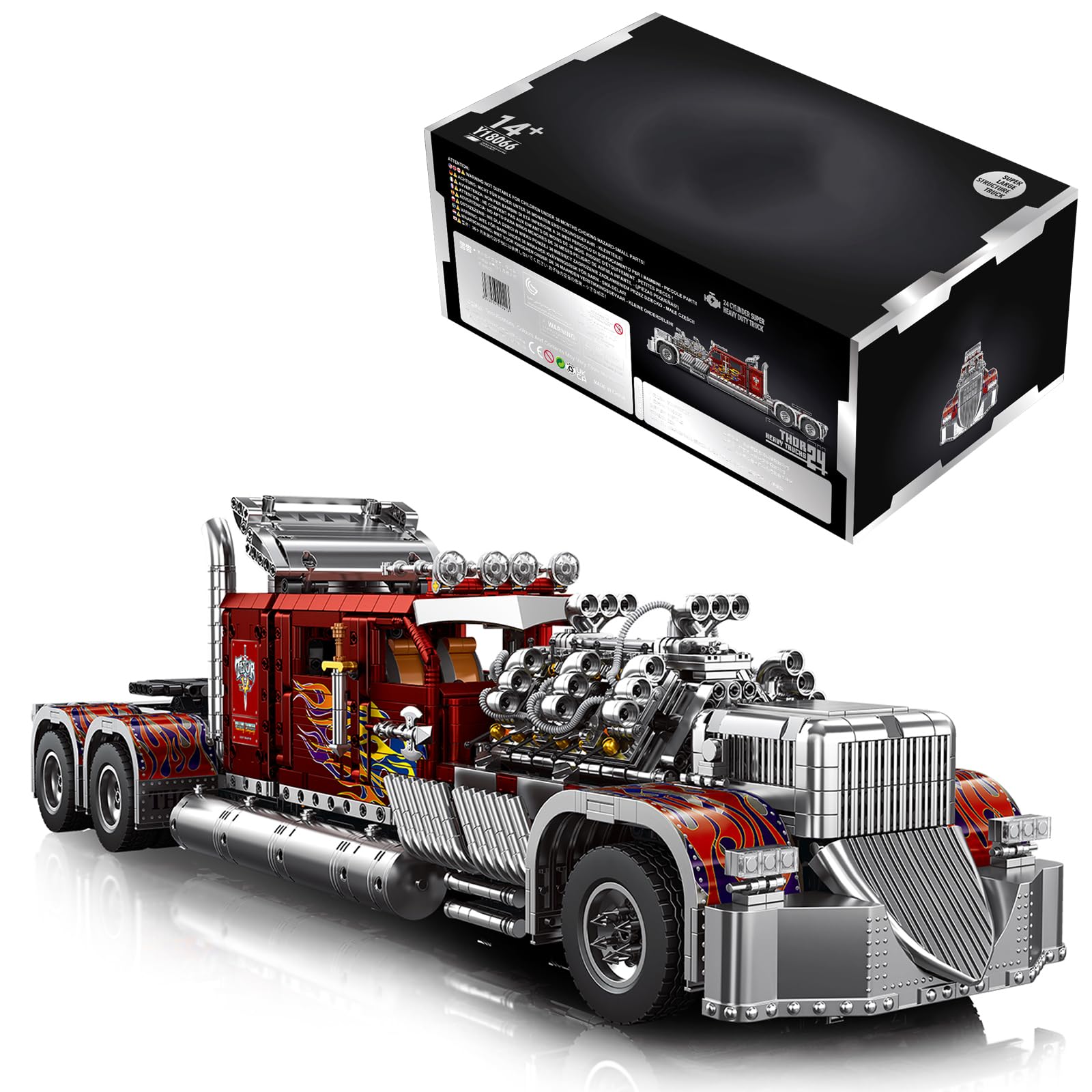 TH-24 Semi Truck Model Car Kits, Advanced Collectible Building Set for Adults, Heavy Monster Truck Toy with Powerful 24-Cylinder Engine, Home or