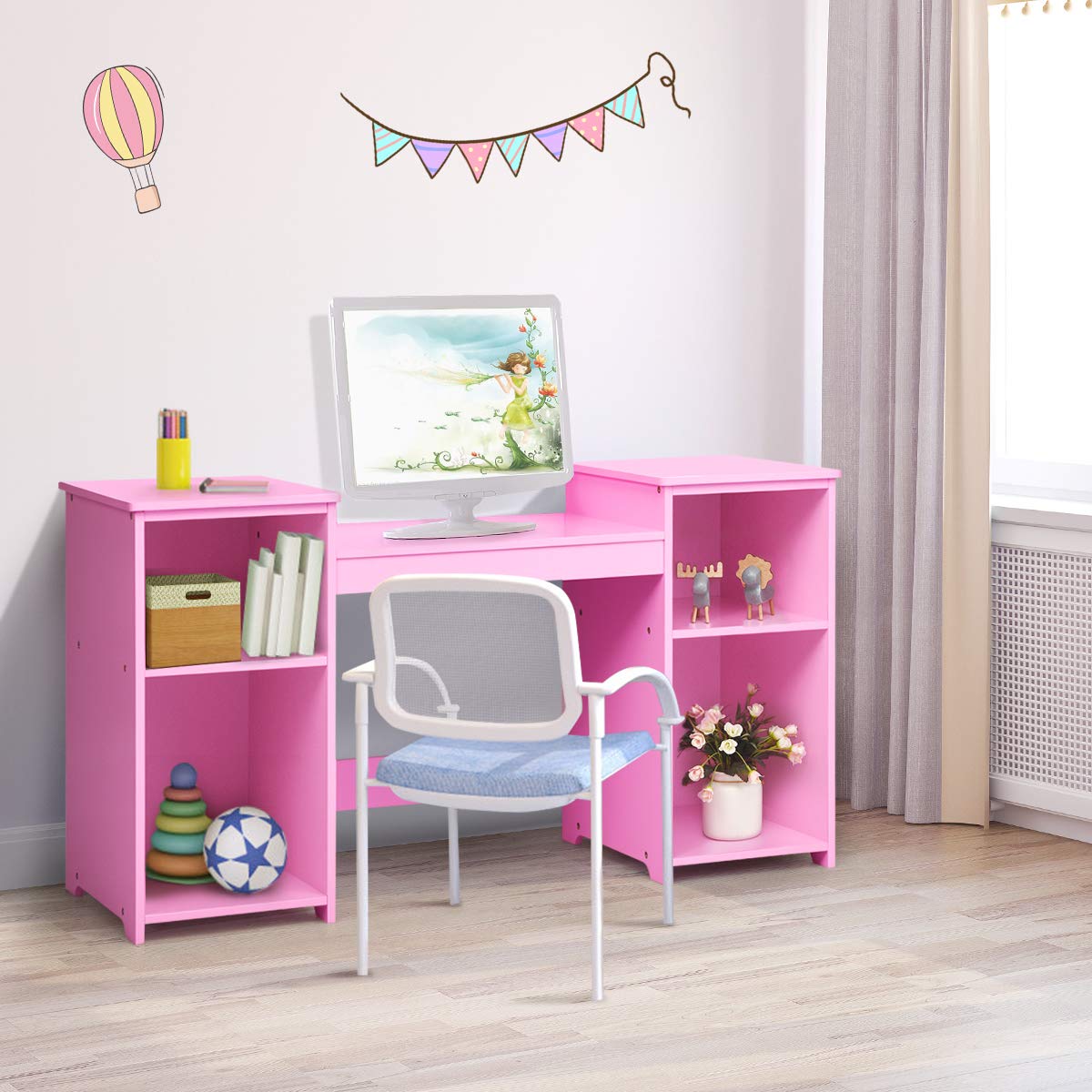 COSTWAY Tocador para Niñas con Compartimentos Abiertos Escritorio con Espejo Extraíble Mueble de MDF Estantería para Libro Juguete Almacenameitno (Rosa)