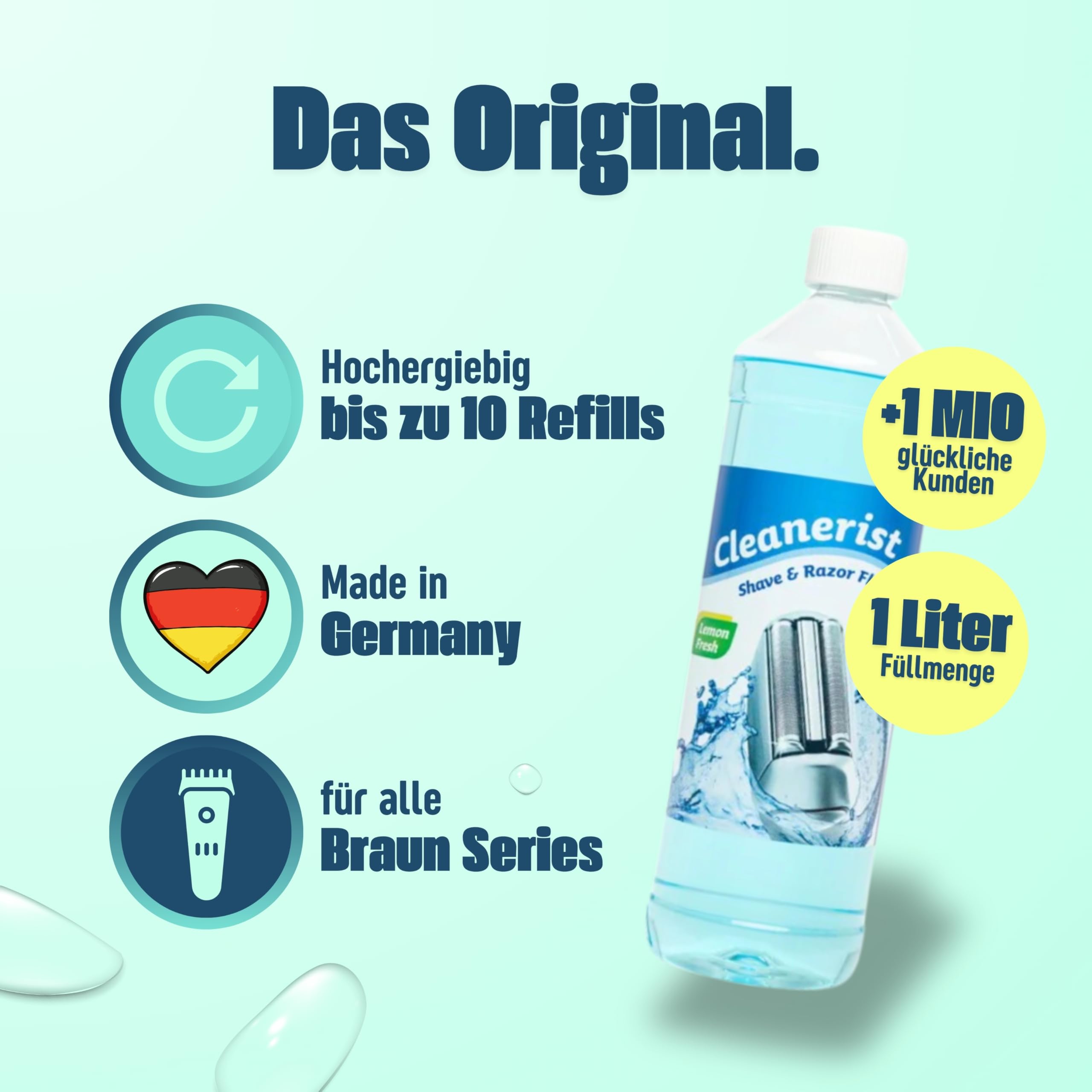Cleanerist | 1L Scherkopfreiniger Nachfüllflüssigkeit für Braun Clean & Renew (Series 3/5/7/8/9) – Ersatz zum Nachfüllen von 10 CCR Reinigungskartuschen – Rasierer Reinigungsflüssigkeit Lemon Fresh