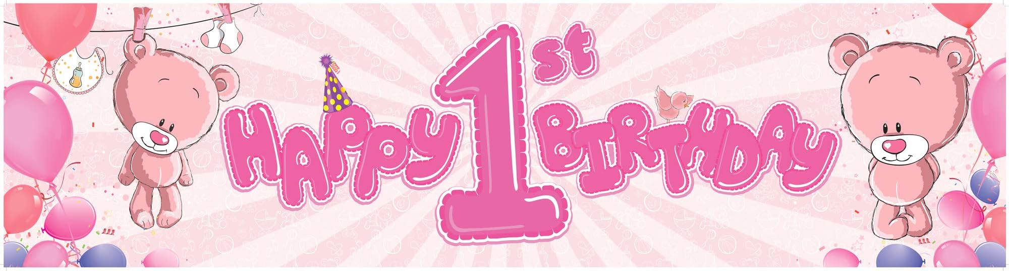 Partymoods-Happy 1st Birthday Banner-Bunting Personalized Memory Giant-Size Party Supplies Balloon Stickers-Pink Colour Perfect For Indoor & Outdoor Decorations-(183cm X 46cm)