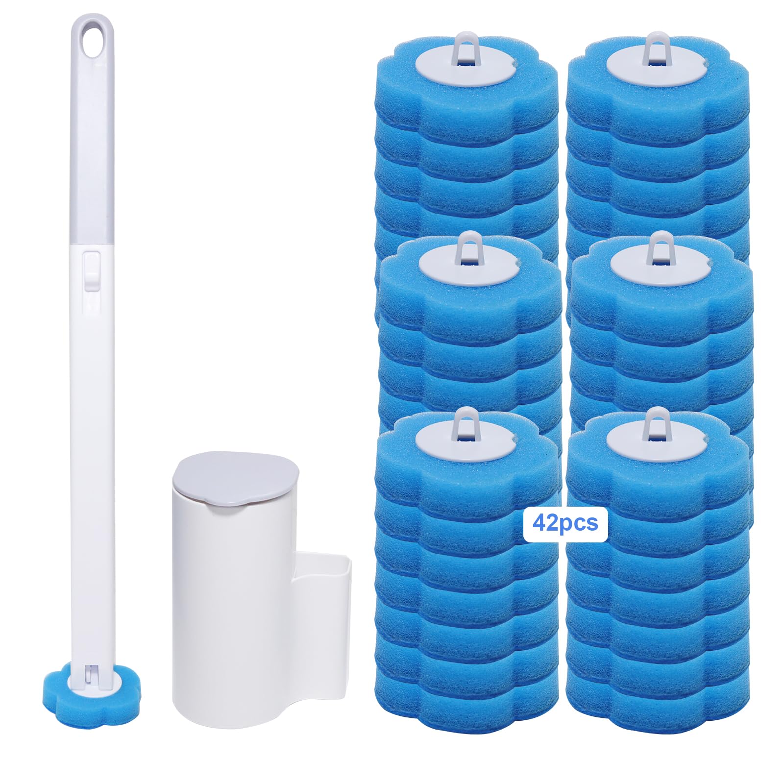 Mythosurge Disposable Toilet Brush, 42 Refills, Blue, Plastic Handle & Sponge Heads, Bathroom Cleaning Set
