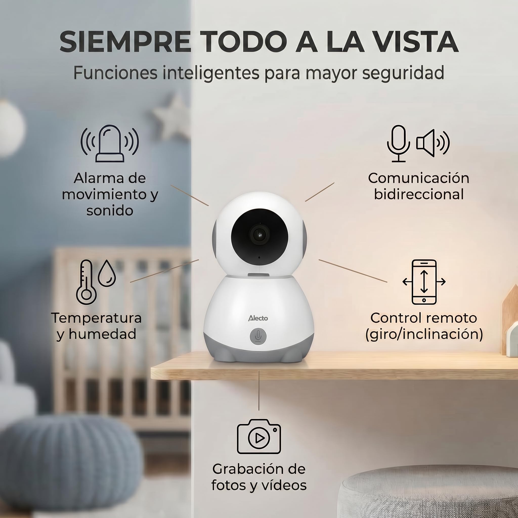 Alecto SMARTBABY10 WiFi Vigilabebés con Cámara HD 1080p - Vigilabebés Inteligente con Control Móvil - Video Vigilabebés Cámara y Audio - Blanco