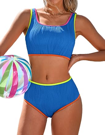 Charmo High Waisted Bikini Sets for Women Sporty Two Piece Swimsuits Color Block Neon Bathing Suit Swimwear 2026