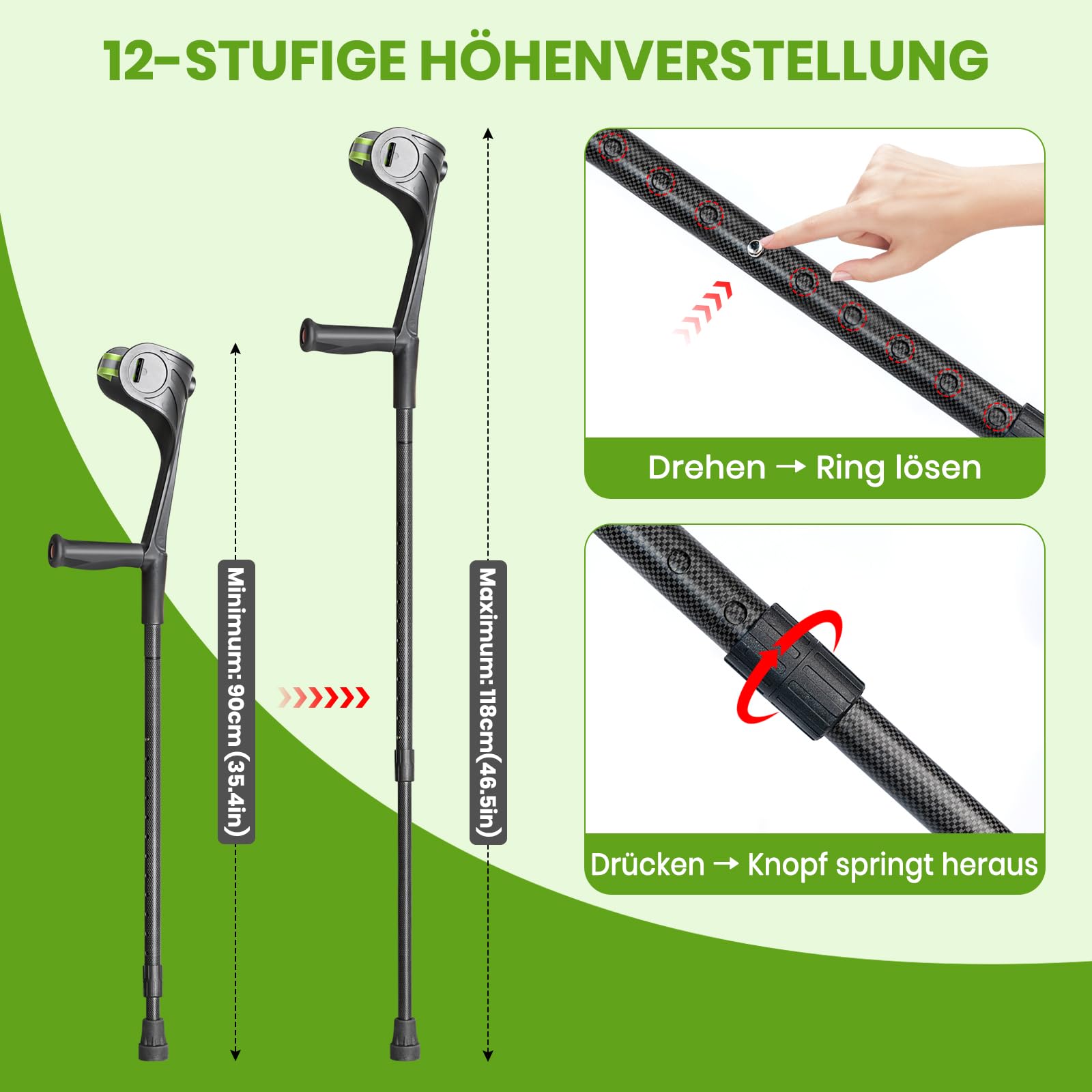 Carbonfaser Krücken Faltbar (2 Stück), Schwarz, Leichte Unterarmgehstützen 560g, Klappbare Gehhilfe für Senioren, Höhenverstellbare Gehstützen