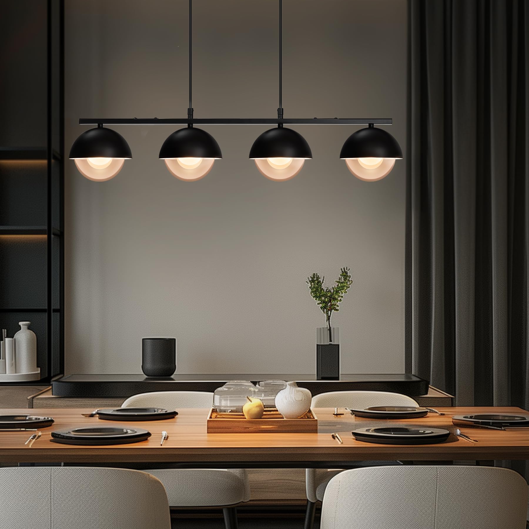 GarveeHome Industrieller Stil – 4-flammige Pendelleuchte – Schwarzes Metall, weiße & klare Glasschirme – Höhenverstellbar – G9 Fassungen – Ohne Leuchtmittel –4xG9, Ø120mm, 300x100xH25mm