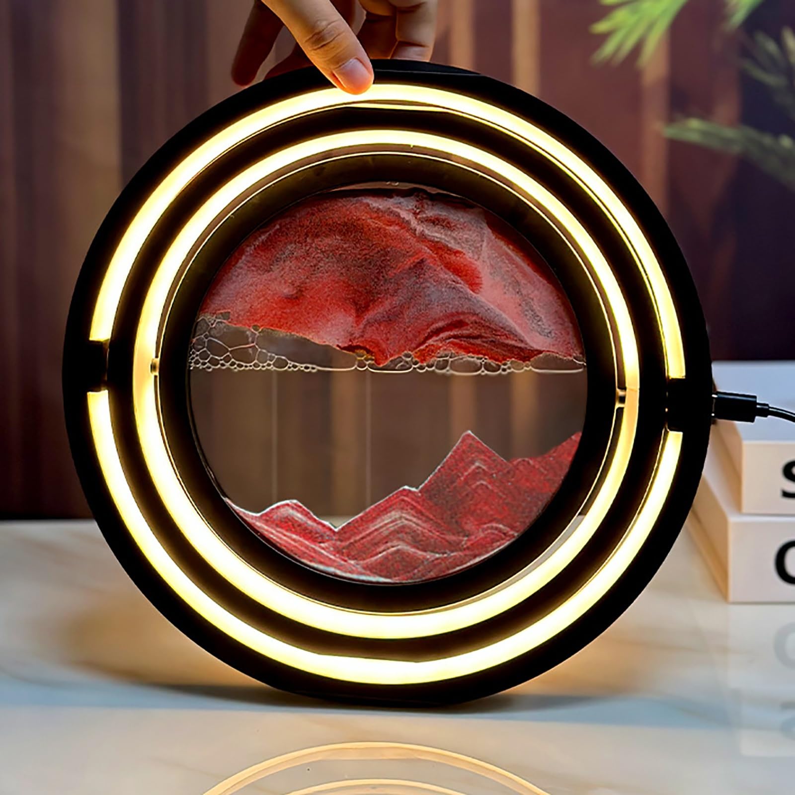 sztuka z piasku, Lampa biurkowa klepsydra z ruchomym piaskiem 360 stopni, wielokolorowa(Red)