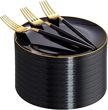 I00000 144 Pcs مجموعة لوحات الحلوى السوداء والذهبية، بما في ذلك 72 Pcs لوحات بلاستيكية سوداء وذهبية 7.5 "و 72 Pcs شوك يمكن التخلص منها 8.5"، لوحات سلطة يتوهم مع حافة الذهب لعيد الشكر والحزب